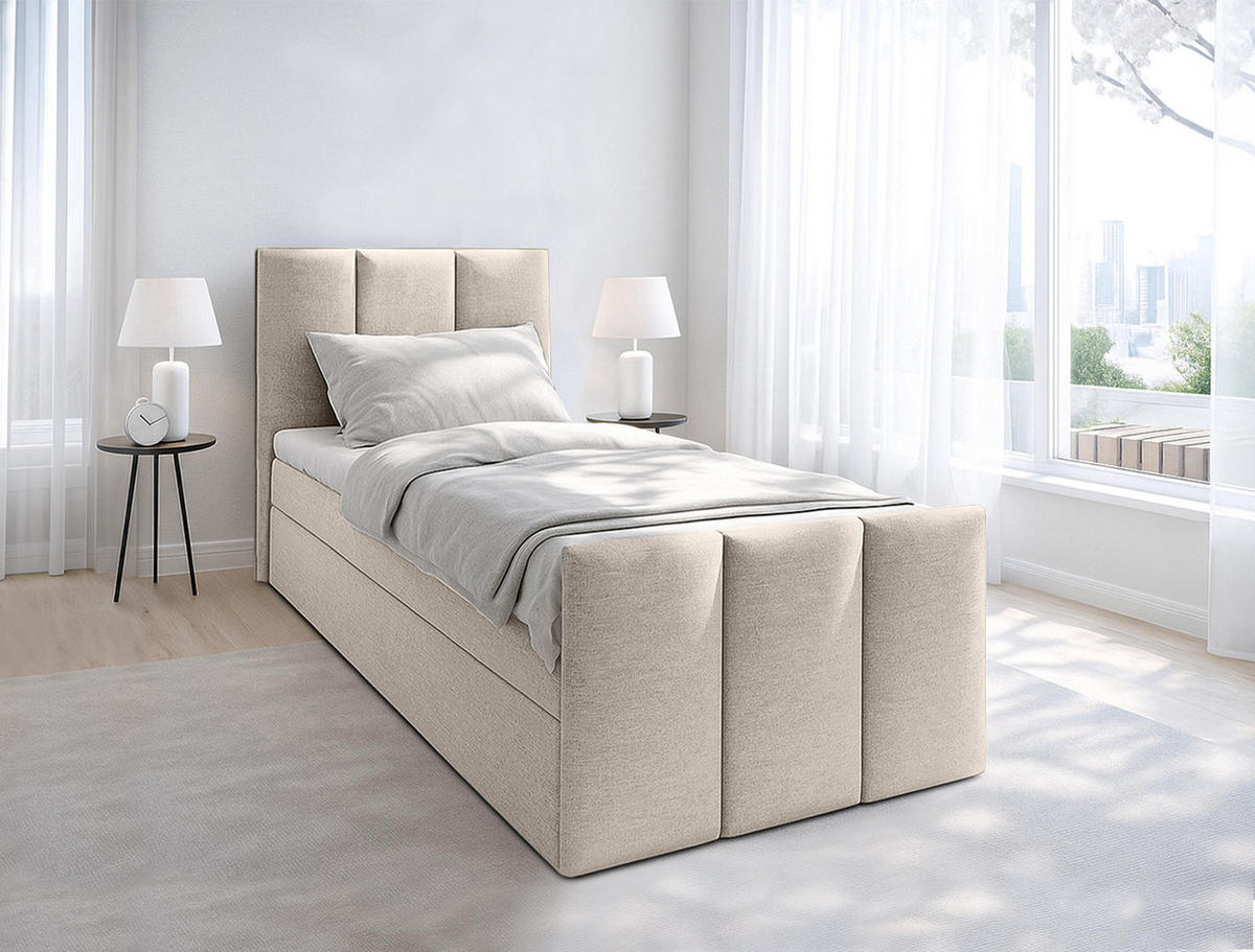 BOXBETT LEVENTE 80x200 cm mit Bettkasten und Matratze - Beige - Beige/Schwarz, Holz/Holzwerkstoff (80/200cm) - AX Living