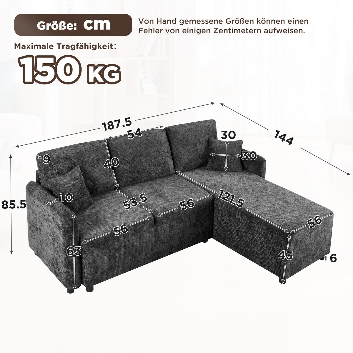 ECKSOFA 187.5/144/85.5 cm Schwarz Chenille mit 2 Kissen - Schwarz, Kunststoff/Textil (187.5/144cm) - Oxeza