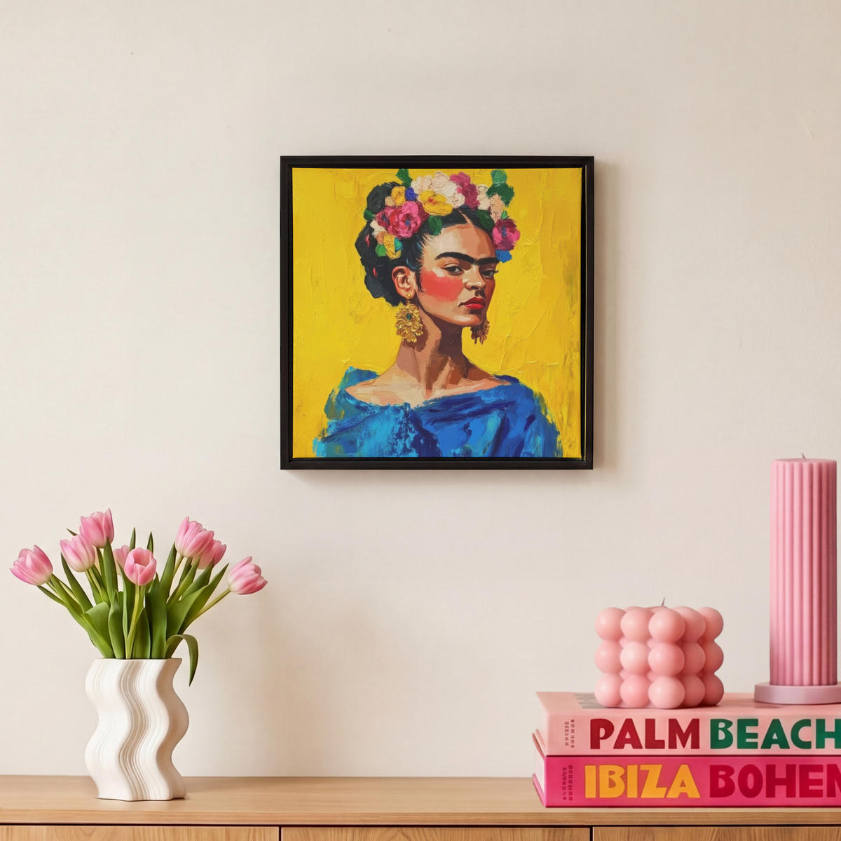 LEINWAND Bilder mit Rahmen - Frida Kahlo - Frau - Gelb - Blau - Blumen - 20x20 - Gelb, Textil (20/20cm) - MuchoWow