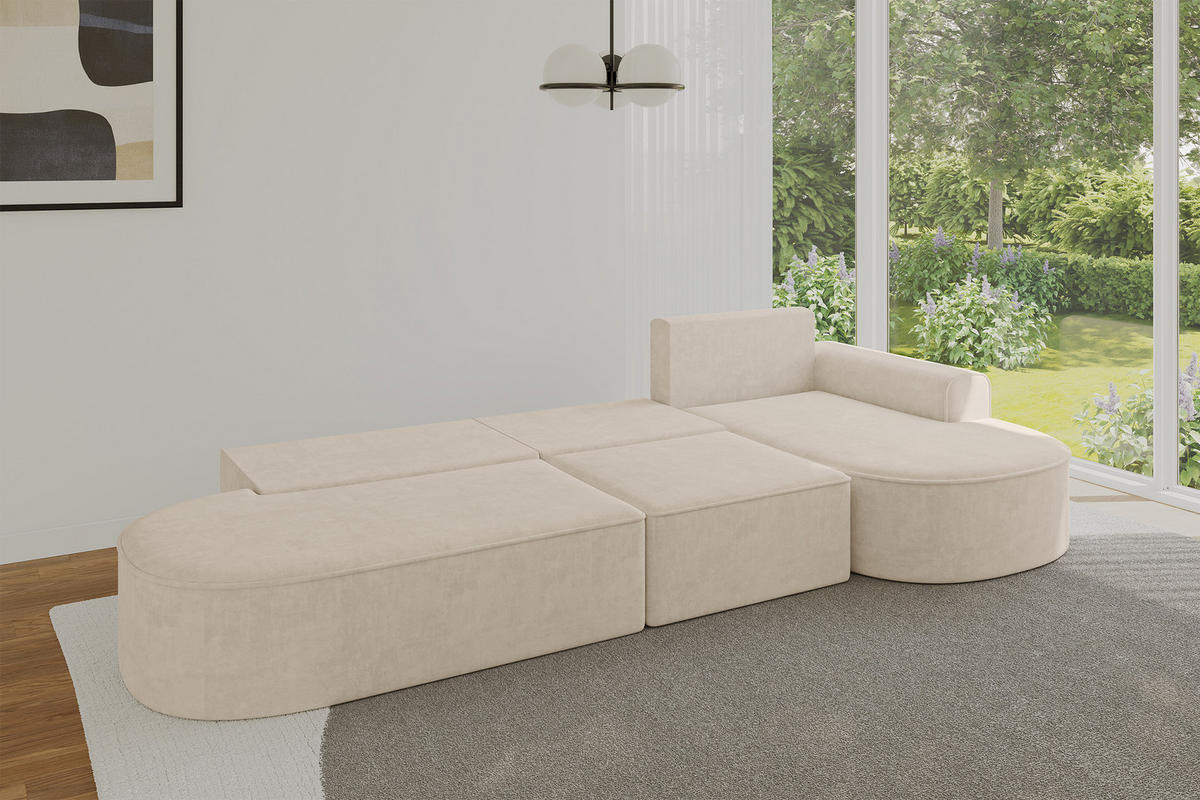 ECKSOFA mit Schlaffunktion Ottomane RECHTS MARI L2-S 368X167X85 Beige Velours - Sandfarben/Schwarz, Holzwerkstoff/Kunststoff (167/368cm) - ALTDECOR