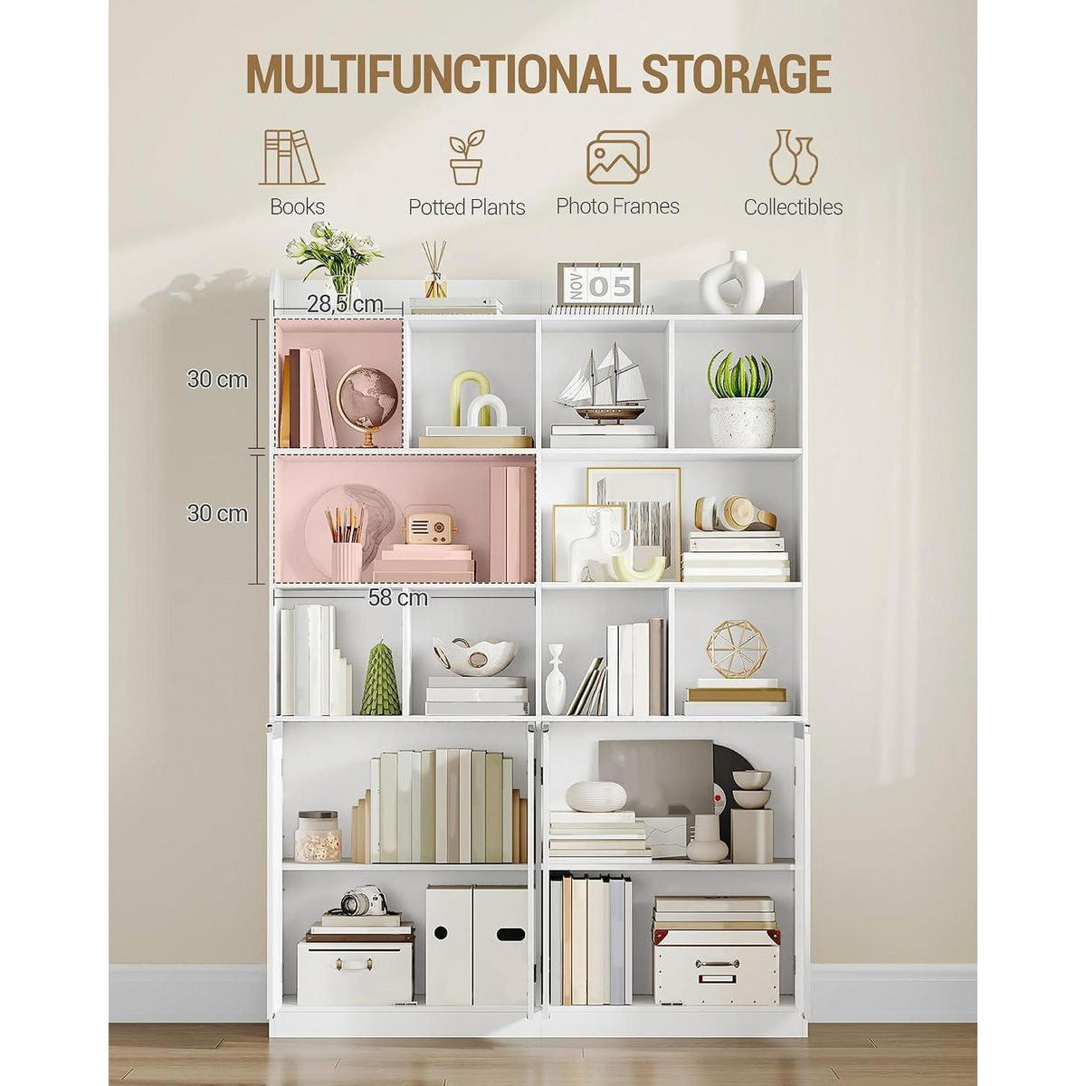 BÜCHERREGAL mit 4 Türen Weiß 30 x 120 x 180 cm - Weiß, Holzwerkstoff (120/180/30cm)