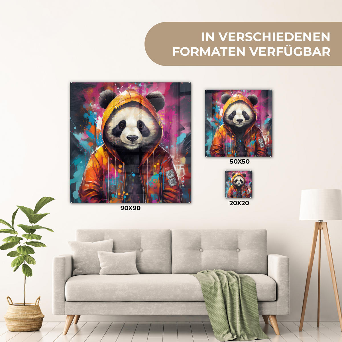 ACRYLGLASBILD Panda - Jacke - Graffiti - Orange 90x90 cm - Orange, Glas (90/90cm) - MuchoWow