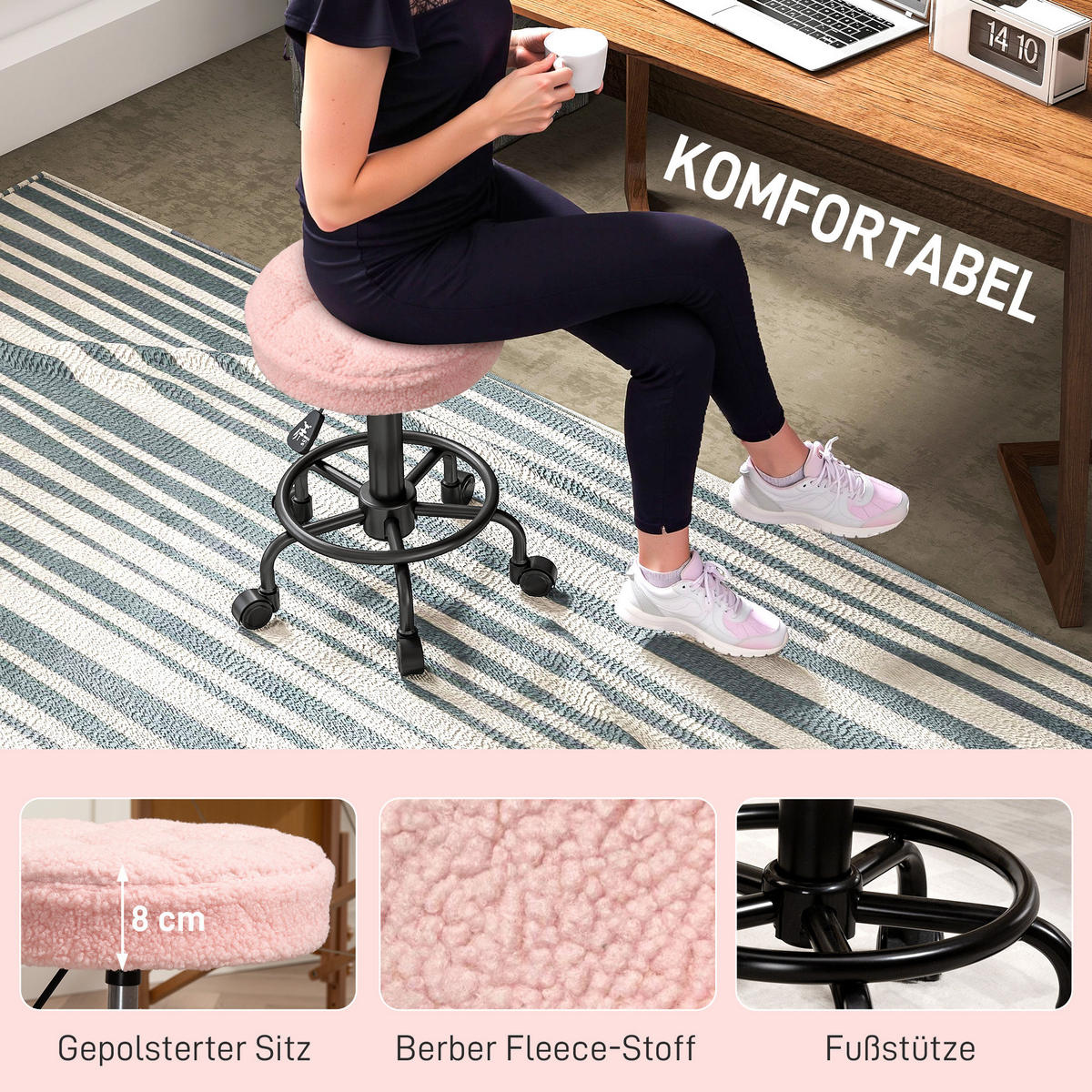 ROLLHOCKER höhenverstellbar Drehhocker 55-66 cm Arbeitshocker 360° drehbar - Rosa, Kunststoff (50/66/50cm) - HOMCOM