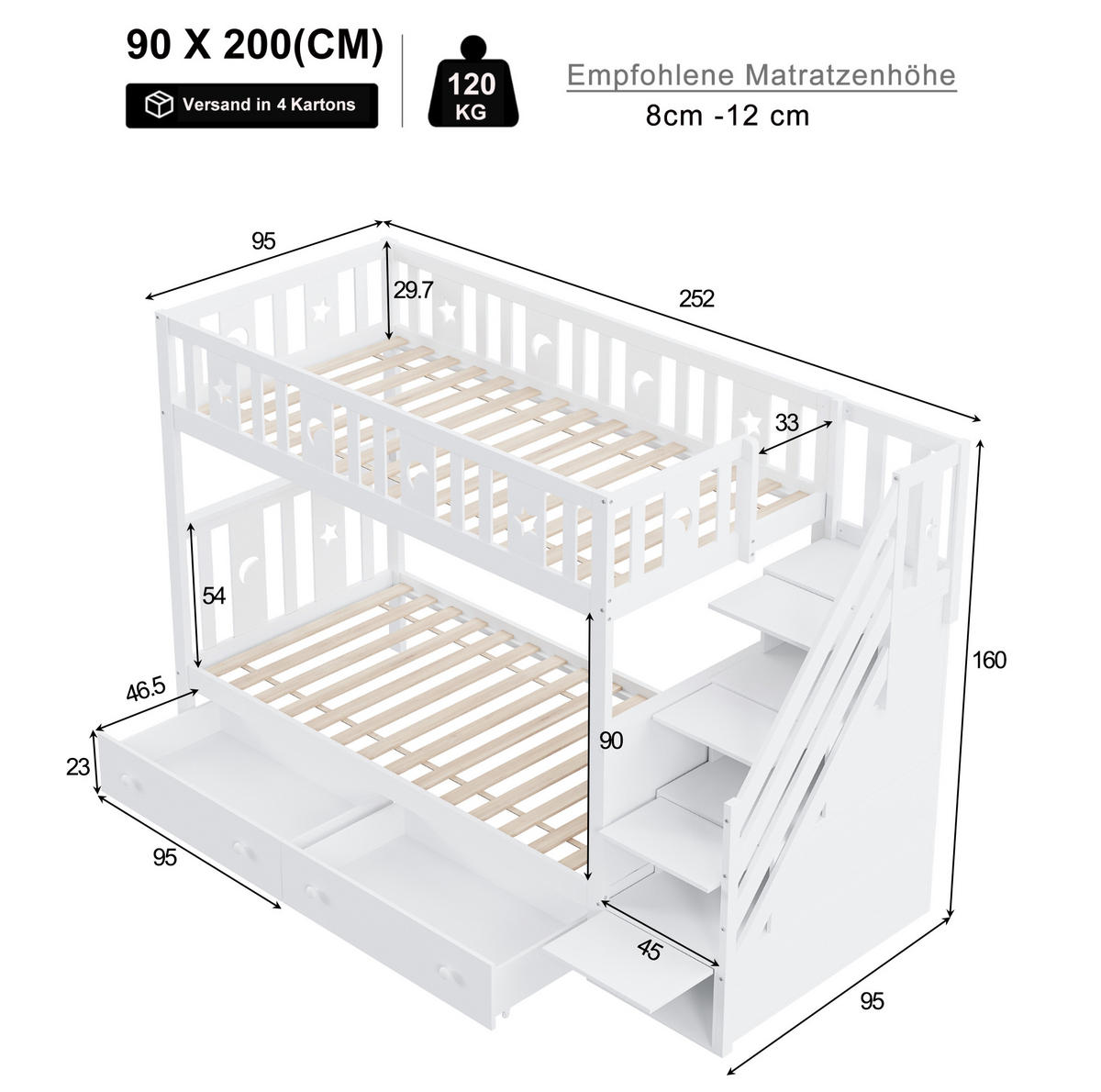 ETAGENBETT 90/200 cm in Weiß mit Stauraumtreppe und 2 Schubladen - Weiß, Holz (90/200cm) - OKMYHOME