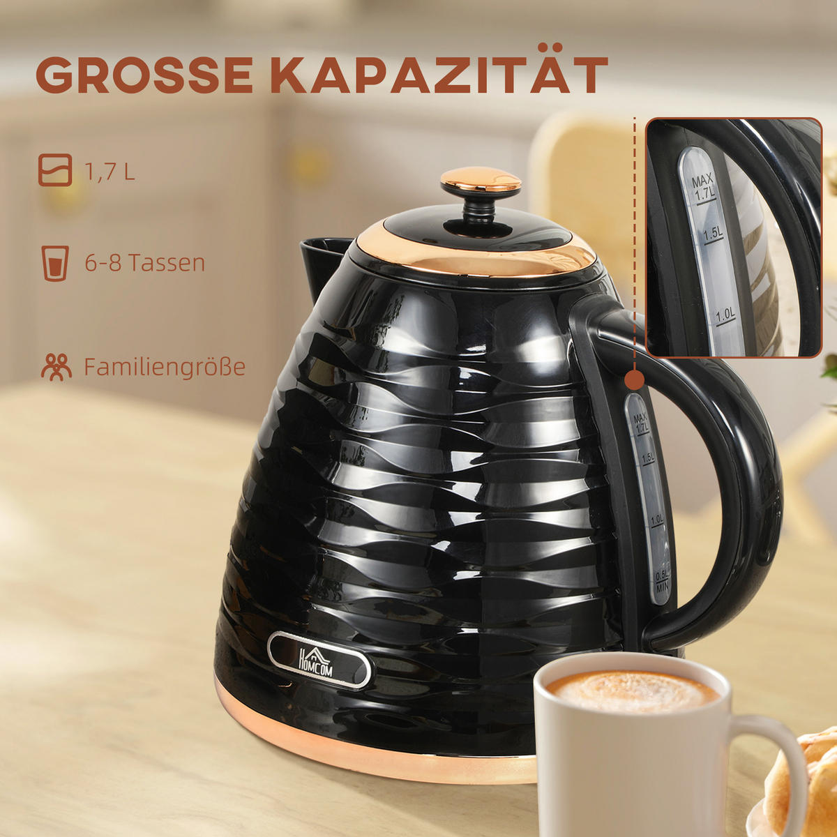 ELEKTRISCHER WASSERKOCHER DE-07956 1,7L mit Schnellkochfunktion - Schwarz, Kunststoff (19.5/23.2/24.1cm) - ComfortXL