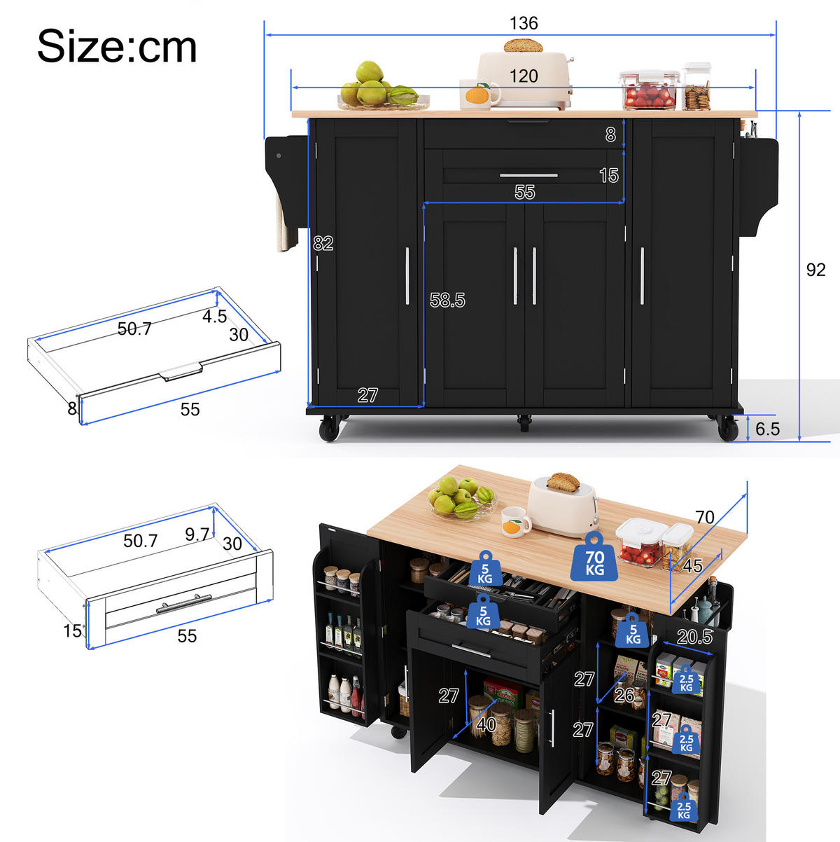 KÜCHENINSEL 136/70/92 cm schwarz/natur aus MDF mit Ausziehplatte - Schwarz, Holzwerkstoff (136/92/70cm) - OKWISH