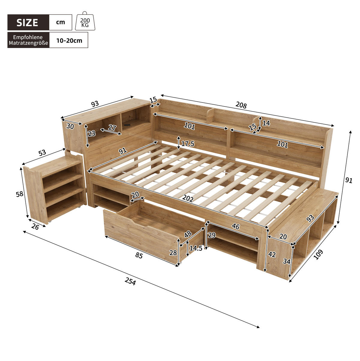 KINDEREINZELBETTEN aus Sperrholz 90x200 cm in Natur mit Stauraum - Naturfarben, Holzwerkstoff (90/200cm) - Modfu