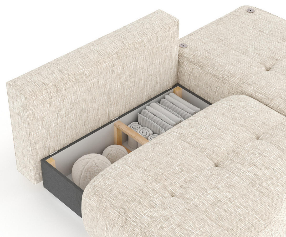 ECKSOFA MIT SCHLAFFUNKTION Batu Creme Webstoff - Beige/Creme, Holz/Holzwerkstoff (223/158cm) - Maison de Reve