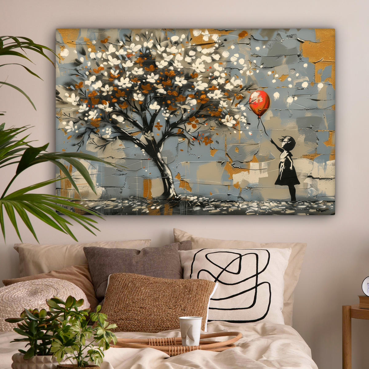 LEINWANDBILD Baum - Graffiti - Banksy-Stil - Ballon-Mädchen Wohnzimmer 120x80 cm - Blaugrau, Textil (120/80cm) - MuchoWow