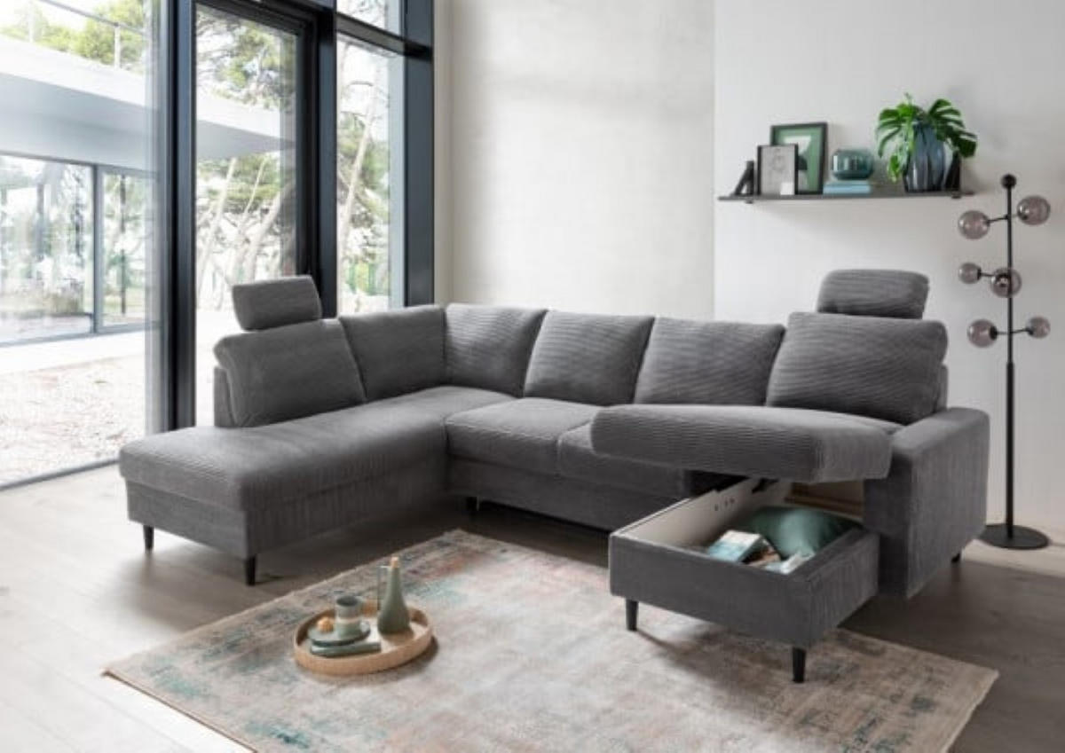 WOHNLANDSCHAFT mit Schlaffunktion und Bettkasten - Dunkelgrau/Schwarz, Textil (305/88/200cm) - myHomelando