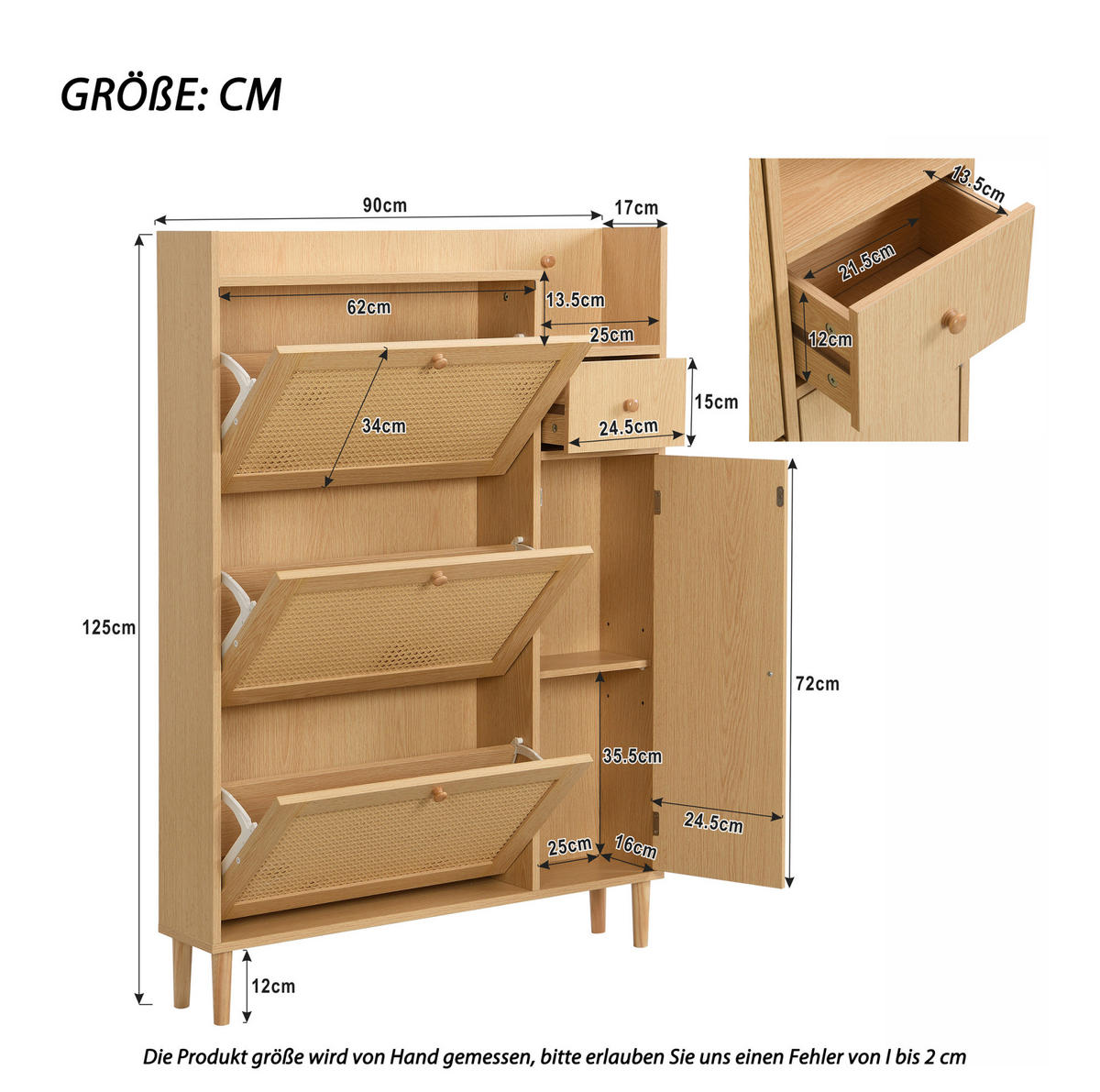 SCHUHSCHRANK 90/17/125 cm Natur aus MDF mit 3 Klappen - Naturfarben, Holzwerkstoff (90/125/17cm) - OKWISH