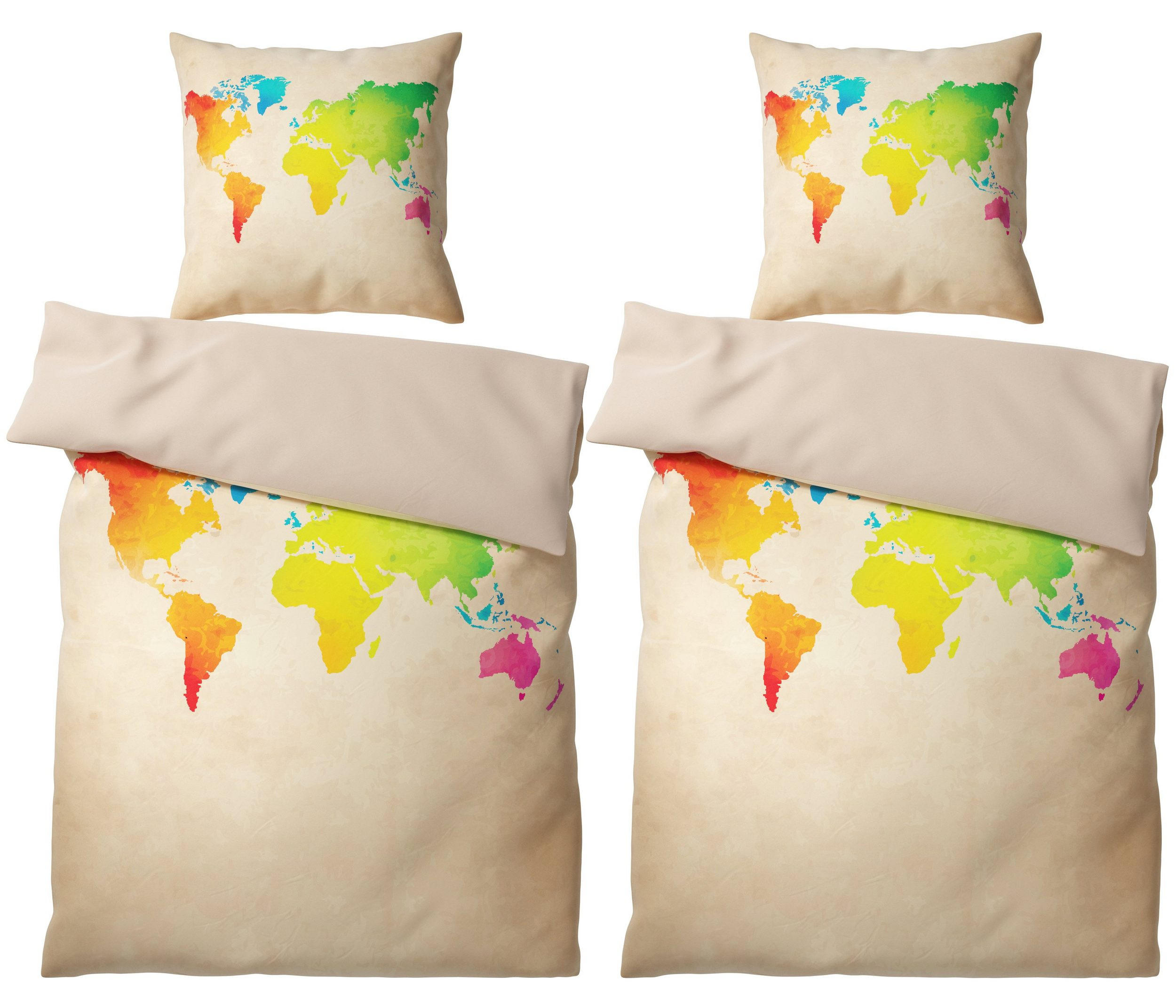 BETTWÄSCHE 4-teilig International Map - Beige, Naturmaterialien (135/200cm) - Sanilo