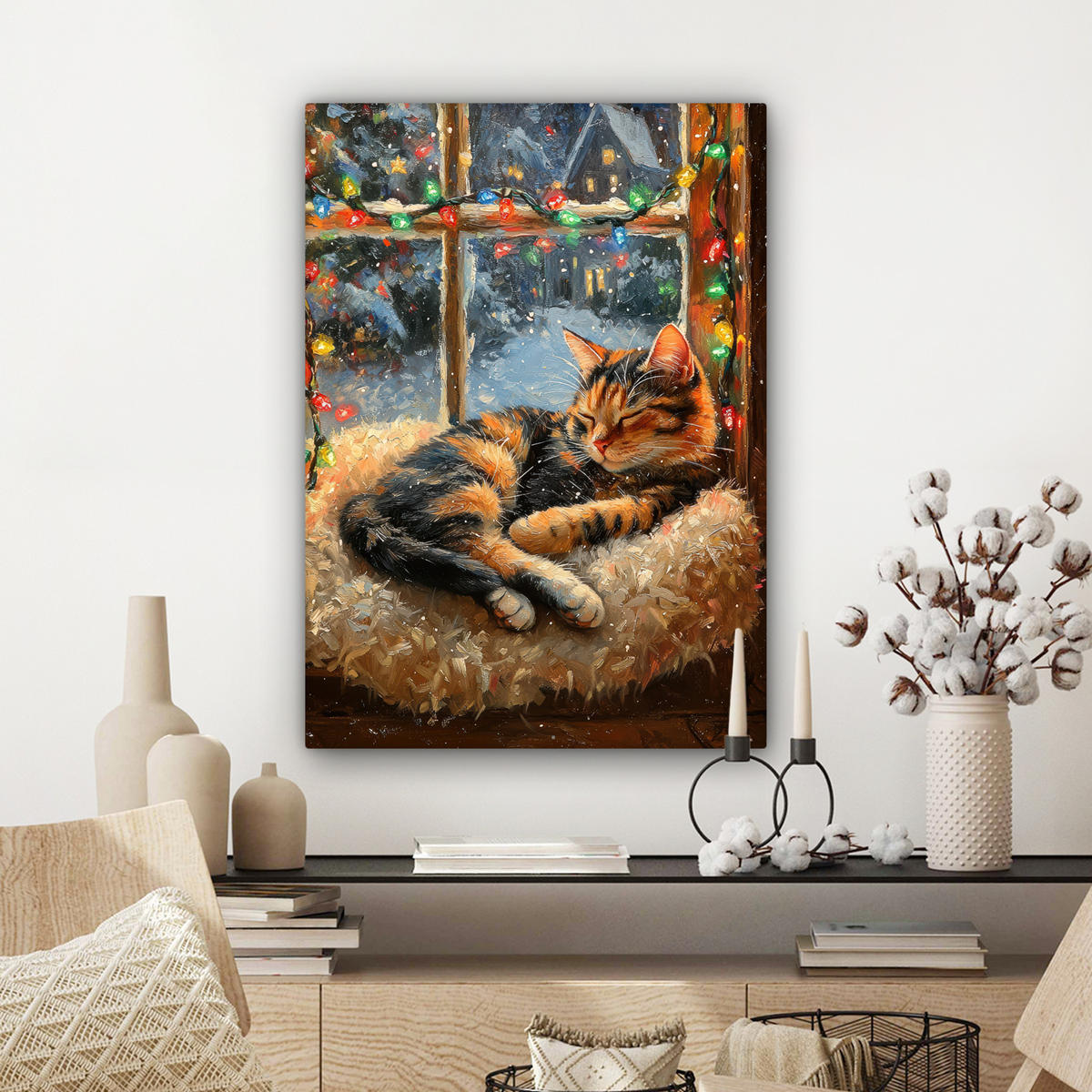 LEINWANDBILD Katze - Weihnachten - Winter - Tier Wandbild Wohnzimmer 60x80 cm - Bernsteinfarben, Textil (60/80cm) - MuchoWow