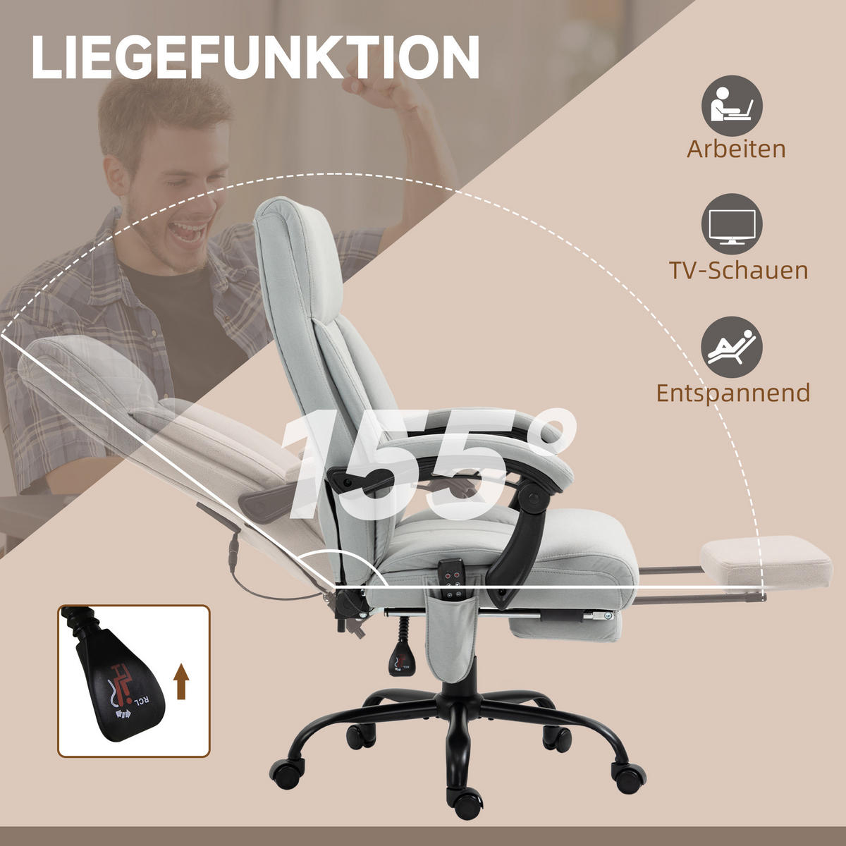 BÜROSTUHL mit Vibrationsmassage, Ergonomisch Schreibtischstuhl mit Liegefunktion - Hellgrau, Kunststoff (74/119/65cm) - Vinsetto