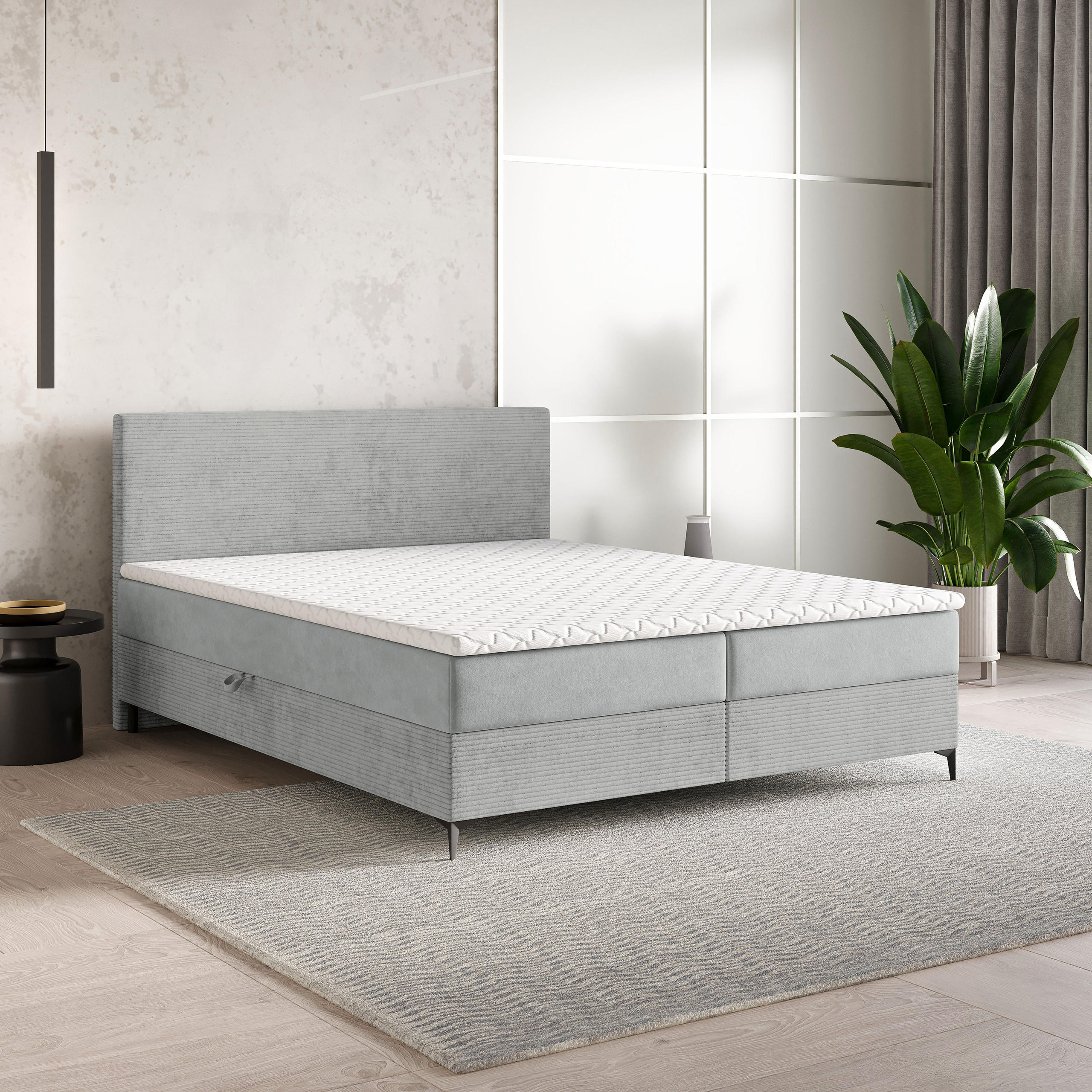 BOXBETT TORREL 140x200 cm mit Matratze und Topper - Hellgrau - Hellgrau, Holz (140/200cm) - MASSENO