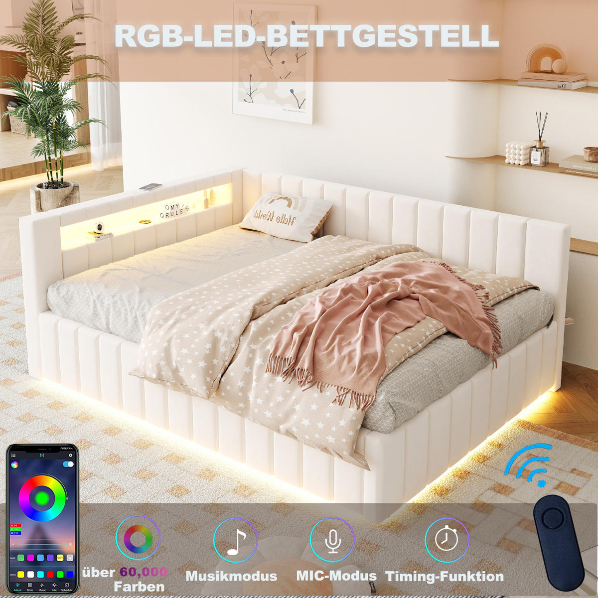 POLSTERBETT 140/200 cm in Beige Samt mit Bettkasten, LED und USB - Beige, Holzwerkstoff/Textil (140/200cm) - WISHDOR
