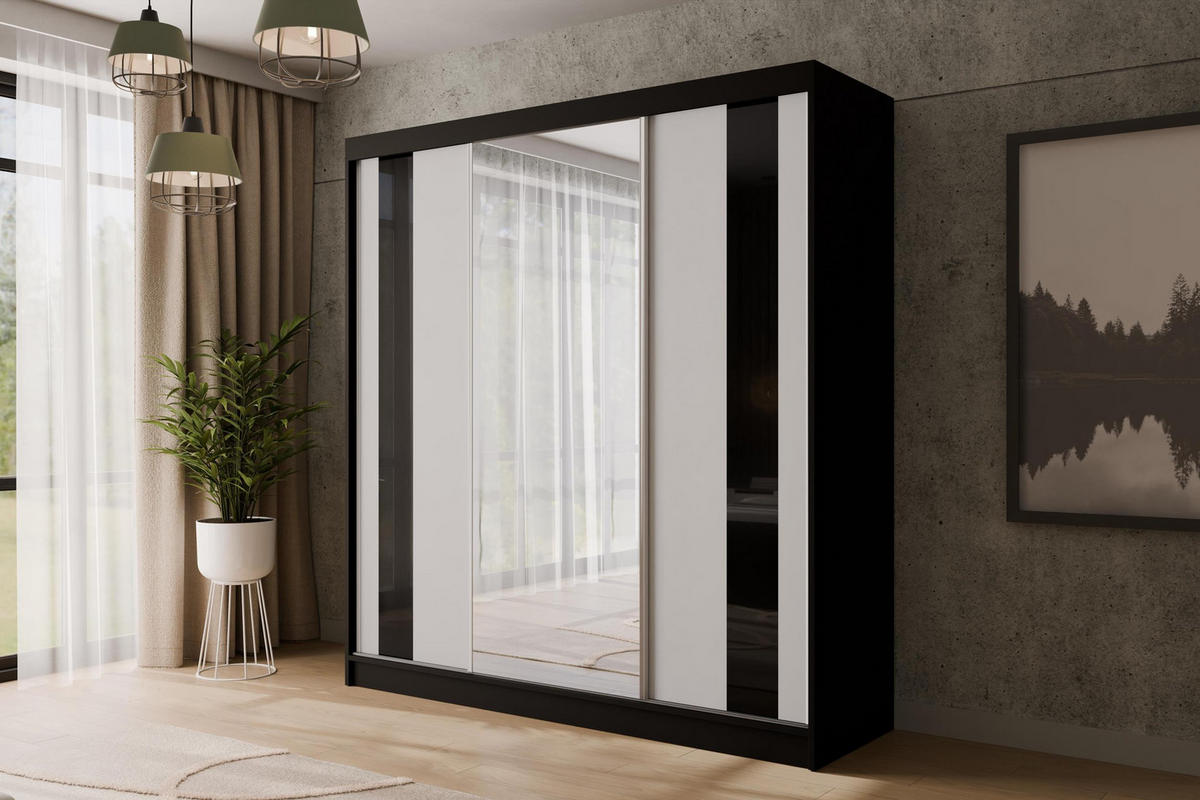 KLEIDERSCHRANK mit Spiegel V2-VITA 215x200 cm - Schwarz - Schwarz, Holzwerkstoff (200/215/61cm) - ALTDECOR