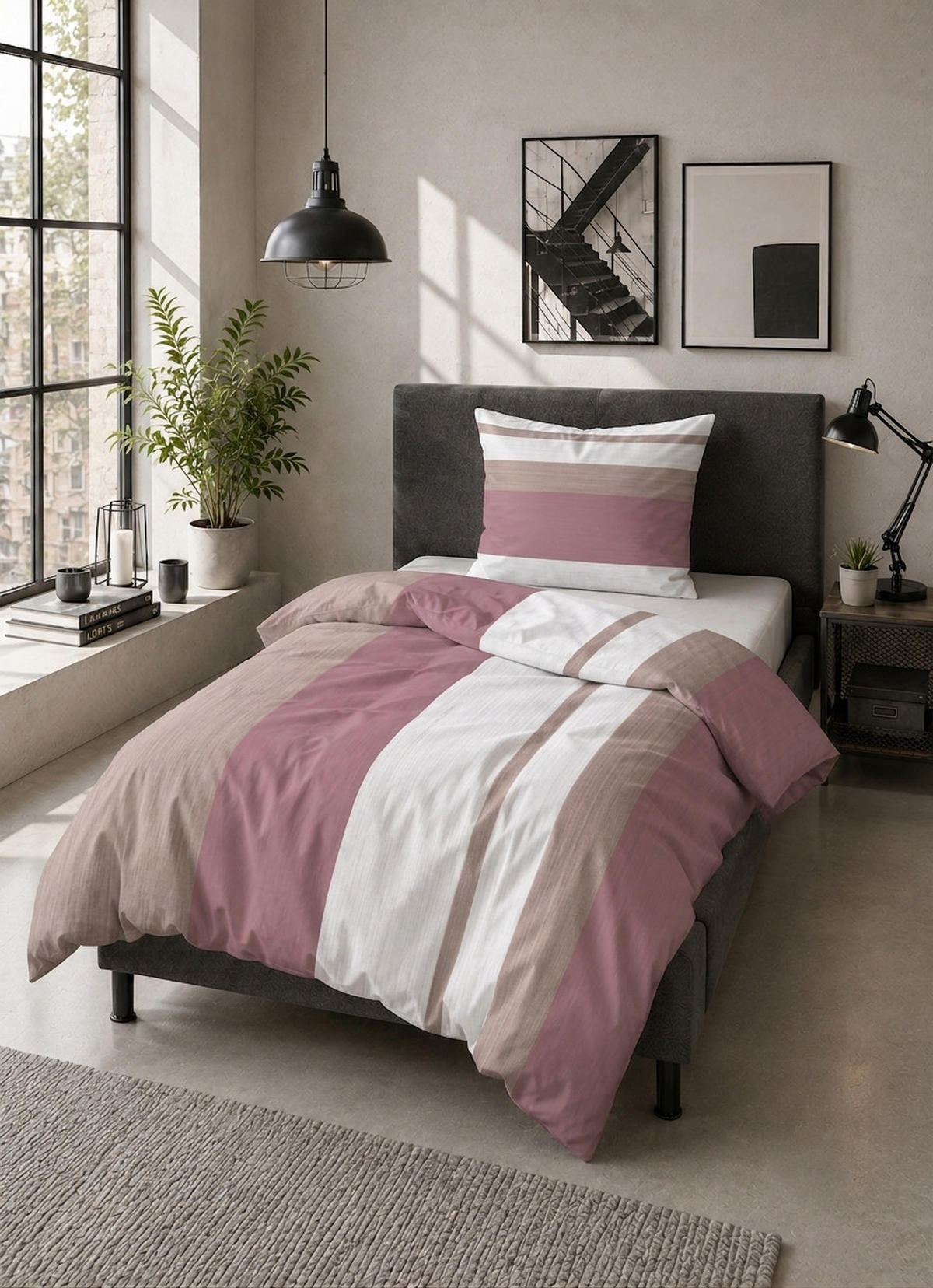 BETTWÄSCHE-GARNITUR Thermofleece Längsstreifen altrosa, 135x200 cm + 80x80 cm - Altrosa, Textil (135/200cm) - Castell