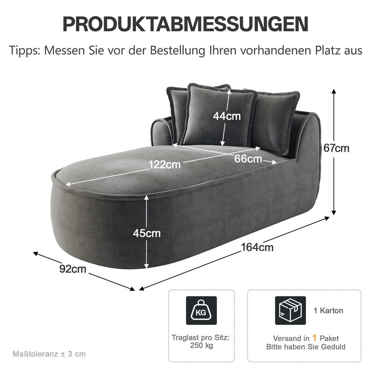 RÉCAMIERE linke Chaiselongue mit Kissen, DE-42643, Grau - Grau, Textil (164/67/92cm) - ComfortXL