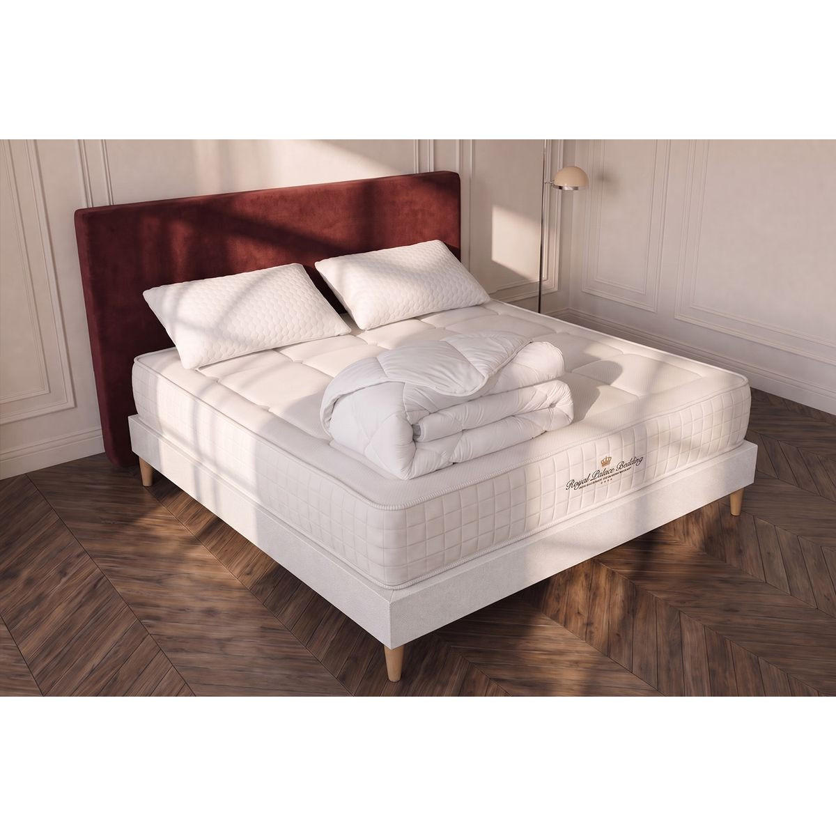 BETT Balmoral Memory-Schaum 140 x 200 cm h3 - Kit Bettgestell Weiß - Mit Kissen und Bettdecke - Beige/Weiß, Karton/Holz (140/200cm) - ROYAL PALACE BEDDING