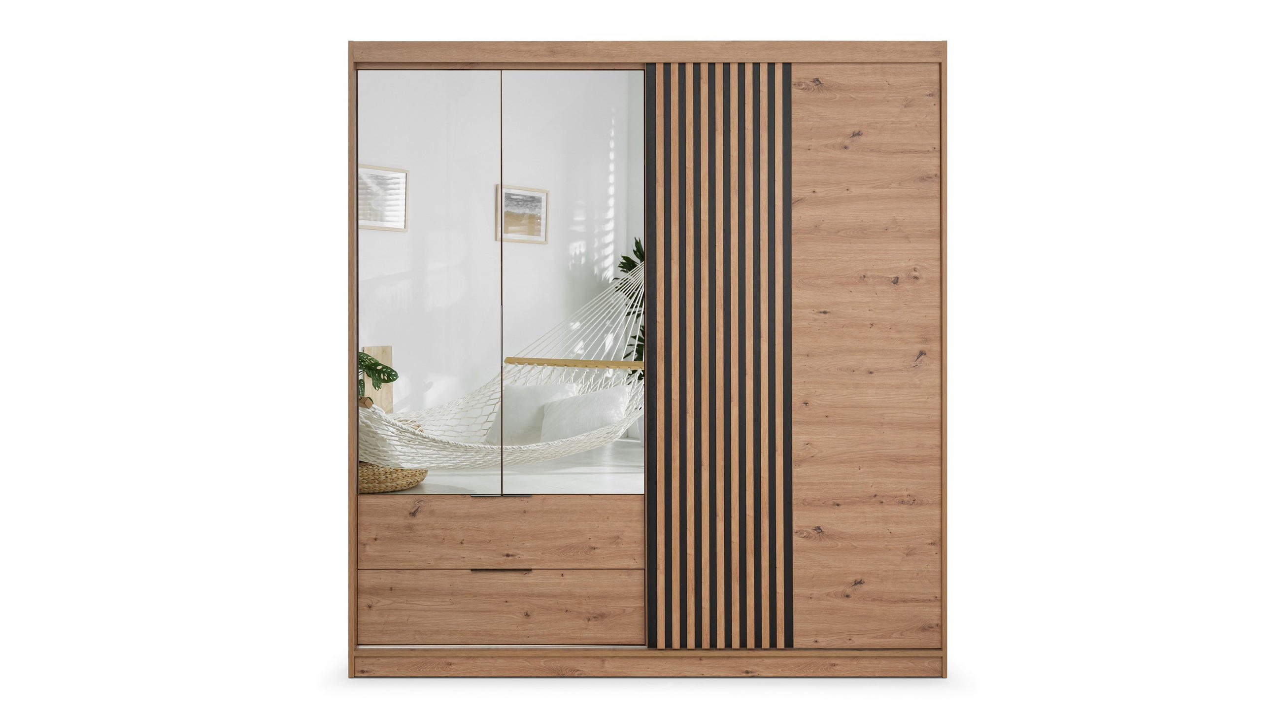 DREHTÜRENSCHRANK AKALI 203/213/60 cm 3-türig mit Spiegel Eiche Artisan - Eiche Artisan, Holzwerkstoff (203/213/60cm) - MASSENO