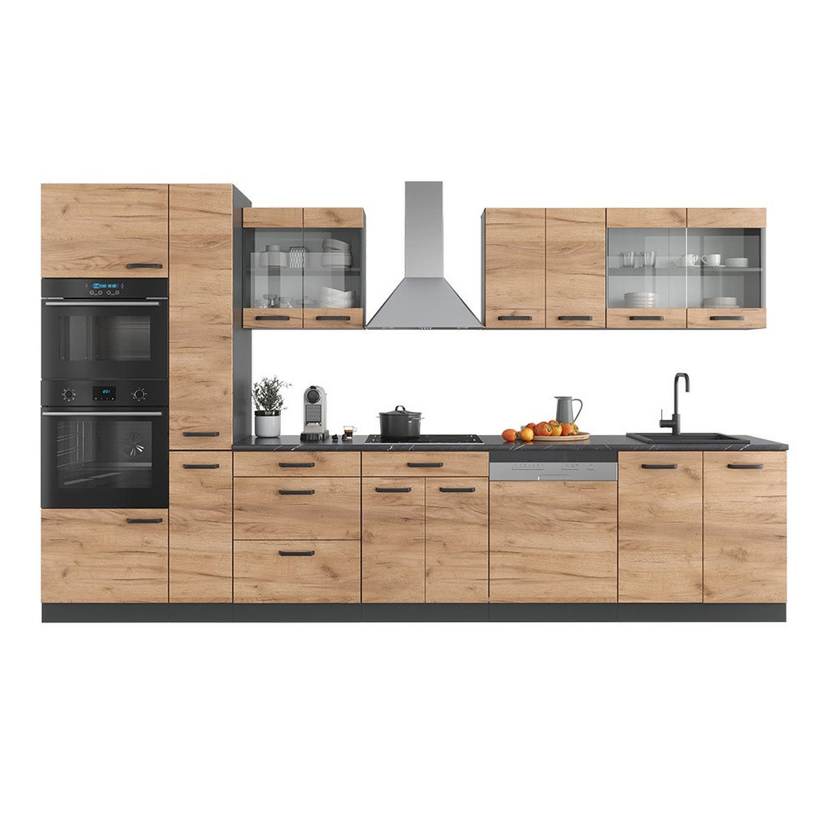 PENTRY R-Line Goldkraft ek/antracit 350 cm med högskåp, utan bänkskiva - Honungsek/Antracit, Träbaserade material (350/206.8/46cm) - Vicco