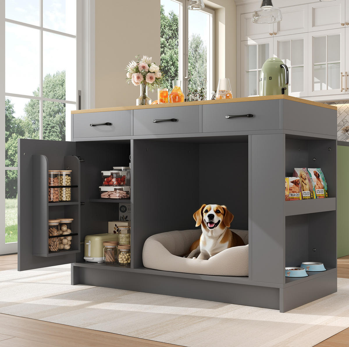 KÜCHENINSEL mit 3 Schubladen und Regalboden 120 x 60 x 90 cm Grey - Naturfarben, Holz (60/90/120cm) - Beauniv