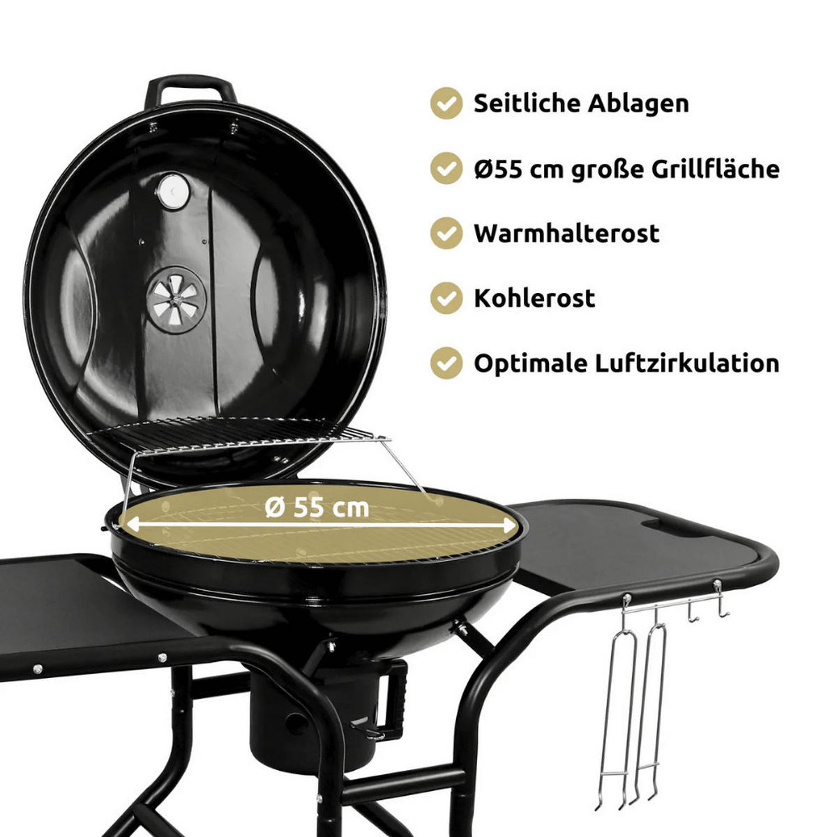 KUGELGRILL Holzkohle EUGEN BBQ Grill Holzkohlegrill Schwarz - Schwarz, Metall (132/90/62cm) - DELUKE