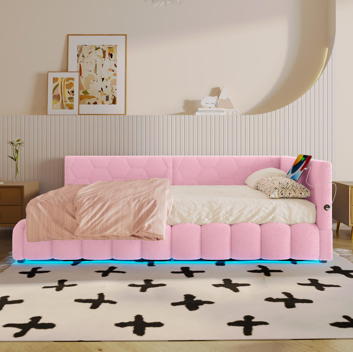 POLSTERBETT 90/200 cm Rosa mit Stauraum und LED-Beleuchtung - Rosa, Textil (90/200cm) - Flora Grace