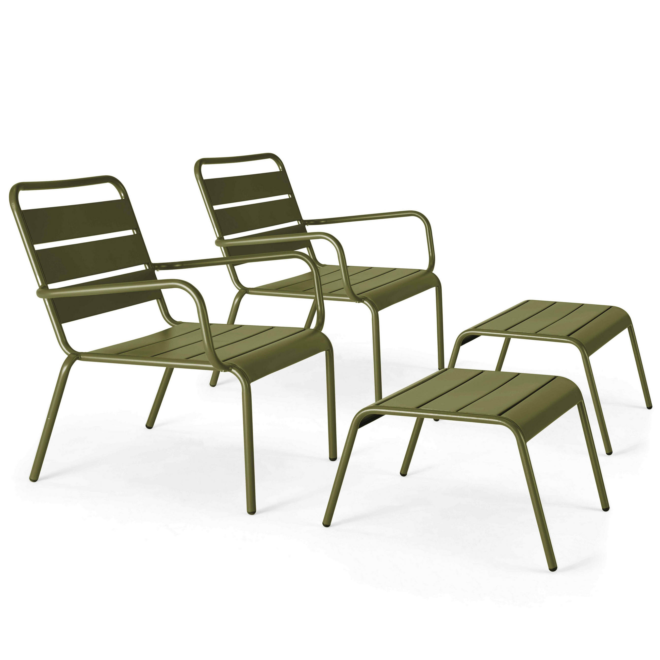 RELAXSESSEL MIT HOCKER 2-tlg., Khakigrün - Grün, Metall (64/72/60cm) - Oviala
