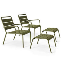 RELAXSESSEL MIT HOCKER 2-tlg., Khakigrün - Grün, Metall (64/72/60cm) - Oviala