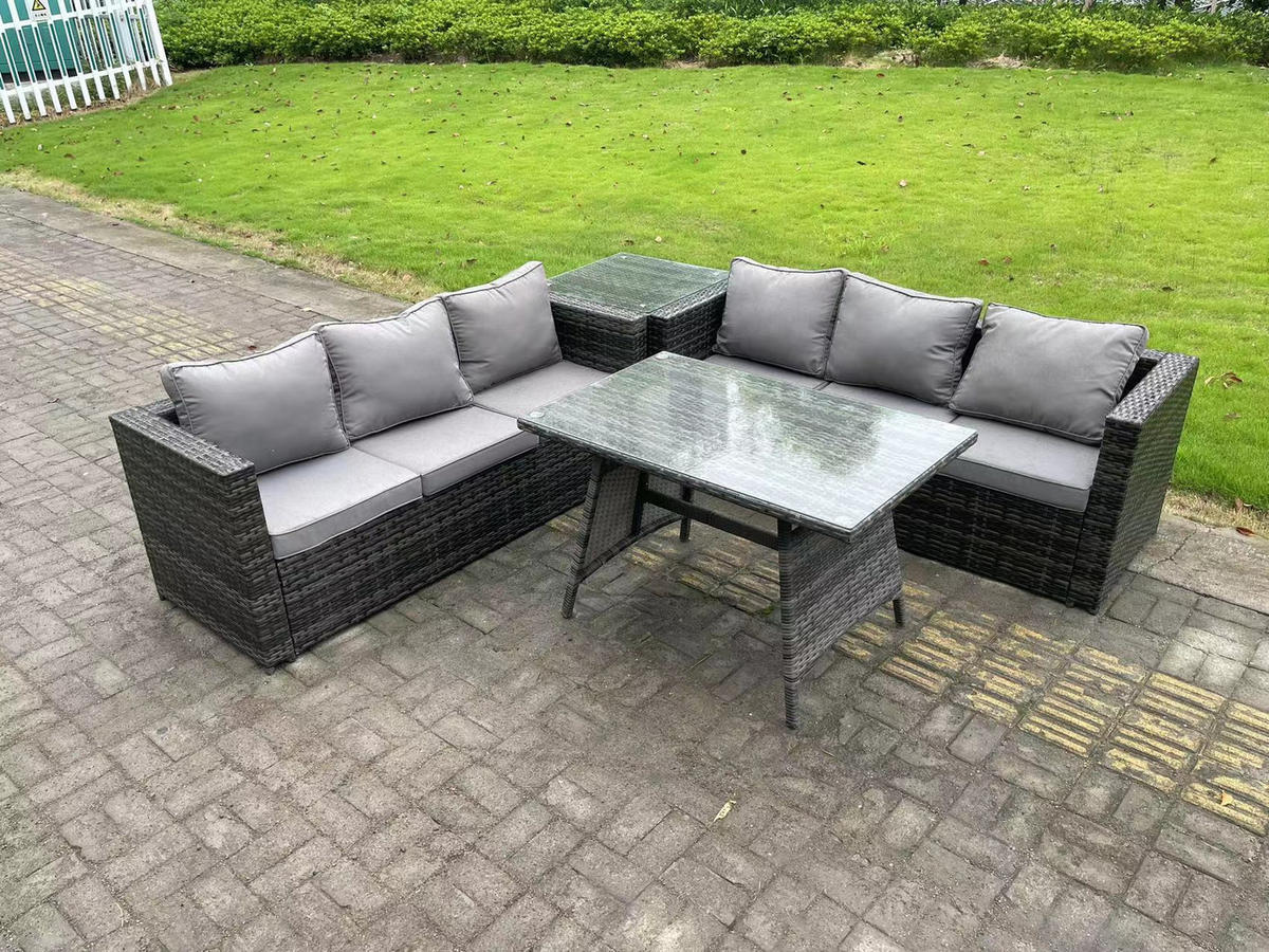 GARTENMÖBELSET mit Esstisch Beistelltisch 6-Sitzer Grau - Dunkelgrau/Grau, Glas/Kunststoff - Fimous