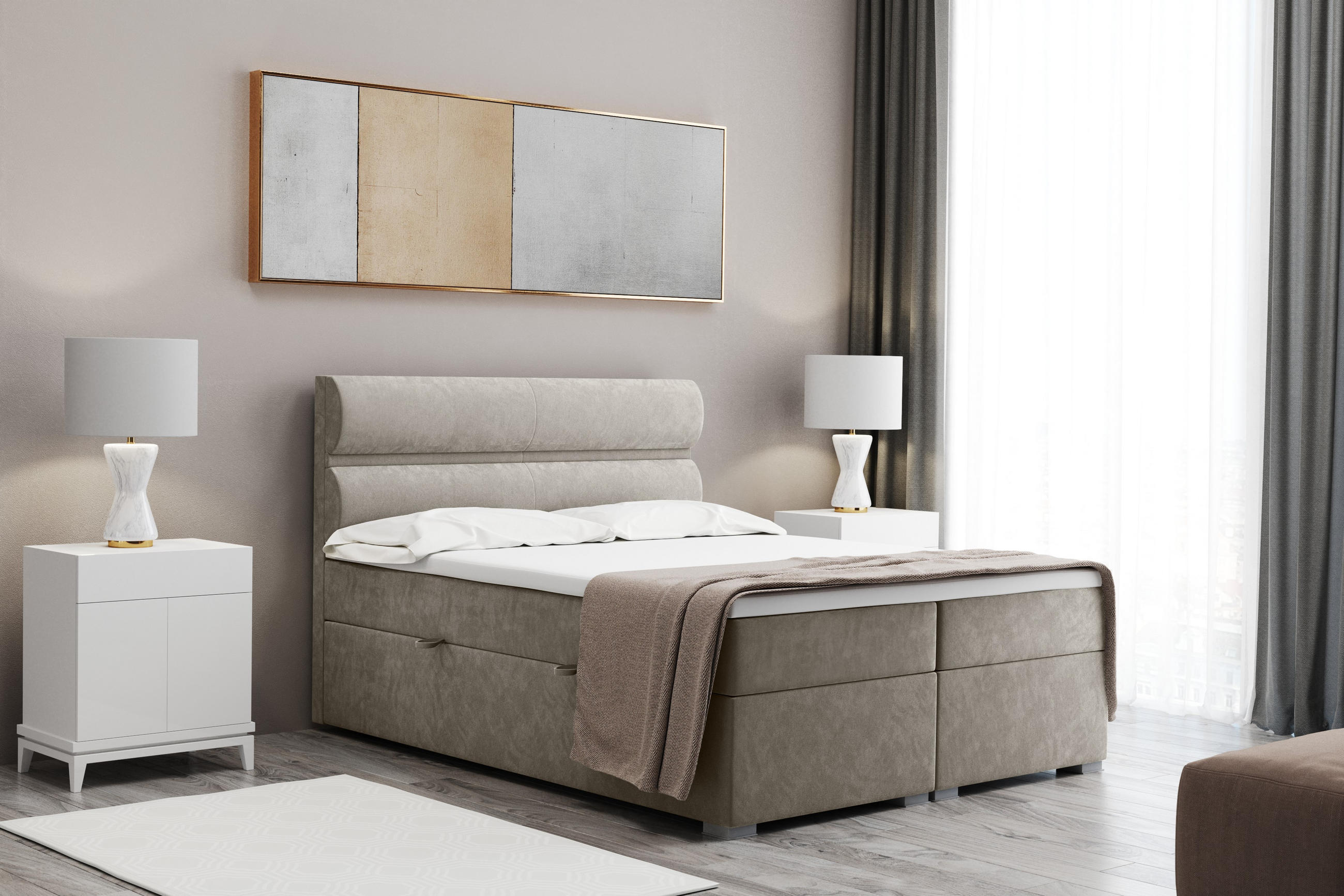 BOXBETT Mit Bettkasten, Matratze Und Topper VERA Stoff Riviera 200x200 cm Beige H3-Bonell - Beige, Holz/Textil (200/200cm) - Kaiser Möbel