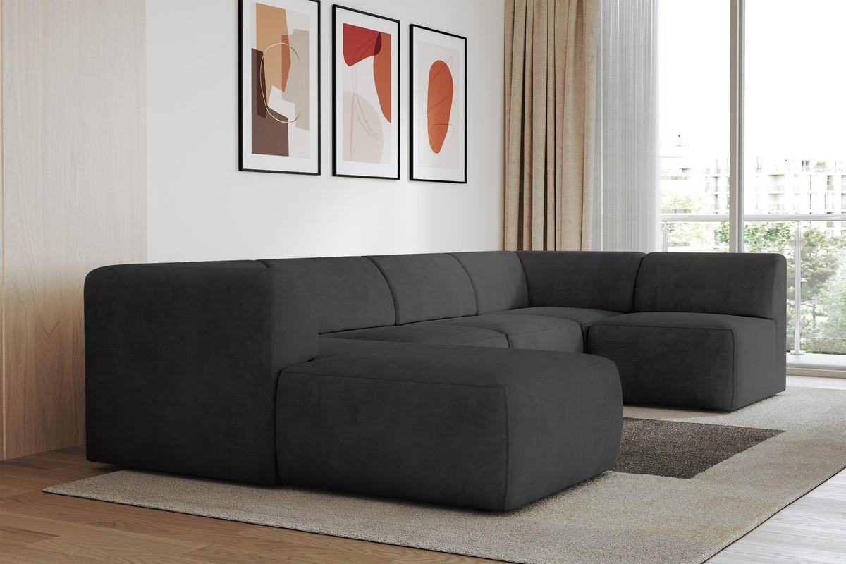 WOHNLANDSCHAFT Ottomane Links MOVA 345x180x78 Schwarz Samt - Schwarz, Holzwerkstoff/Kunststoff (180/78/345cm) - ALTDECOR