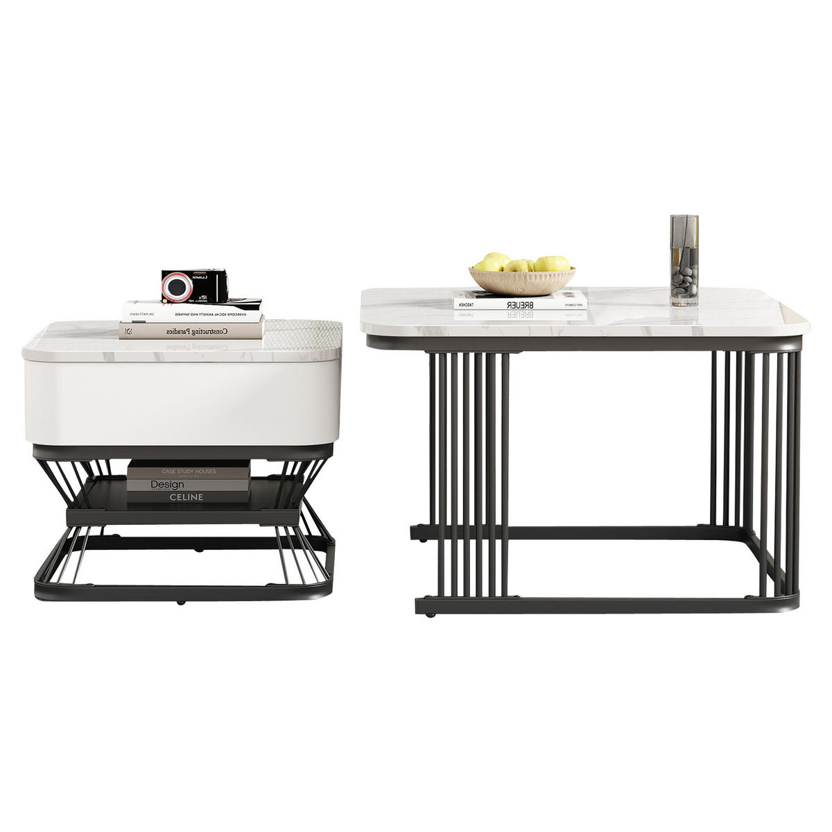 COUCHTISCH Set 70/70/45 cm und 50/50/40 cm Weiß + Schwarz mit 1 Schublade aus MDF und Metall - Weiß, Glas (70/70/45cm) - OKWISH