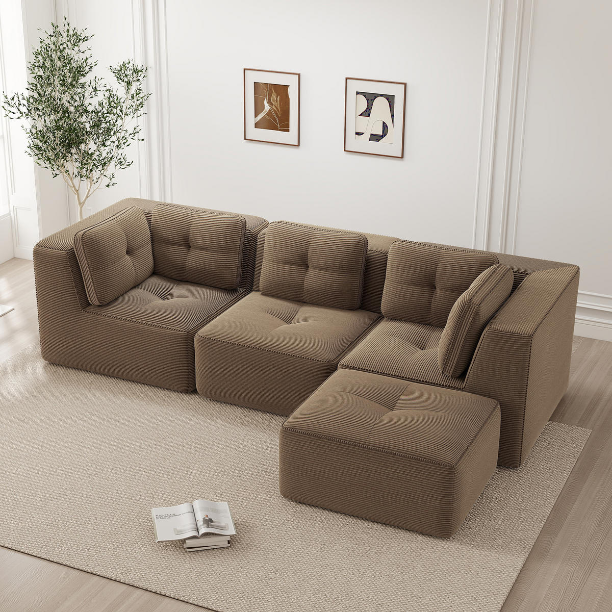 3-SITZER Sofa 297×177×69 cm Cordstoff rahmenlos modular mit Ottomane, braun - Braun, Textil (177/69/297cm)