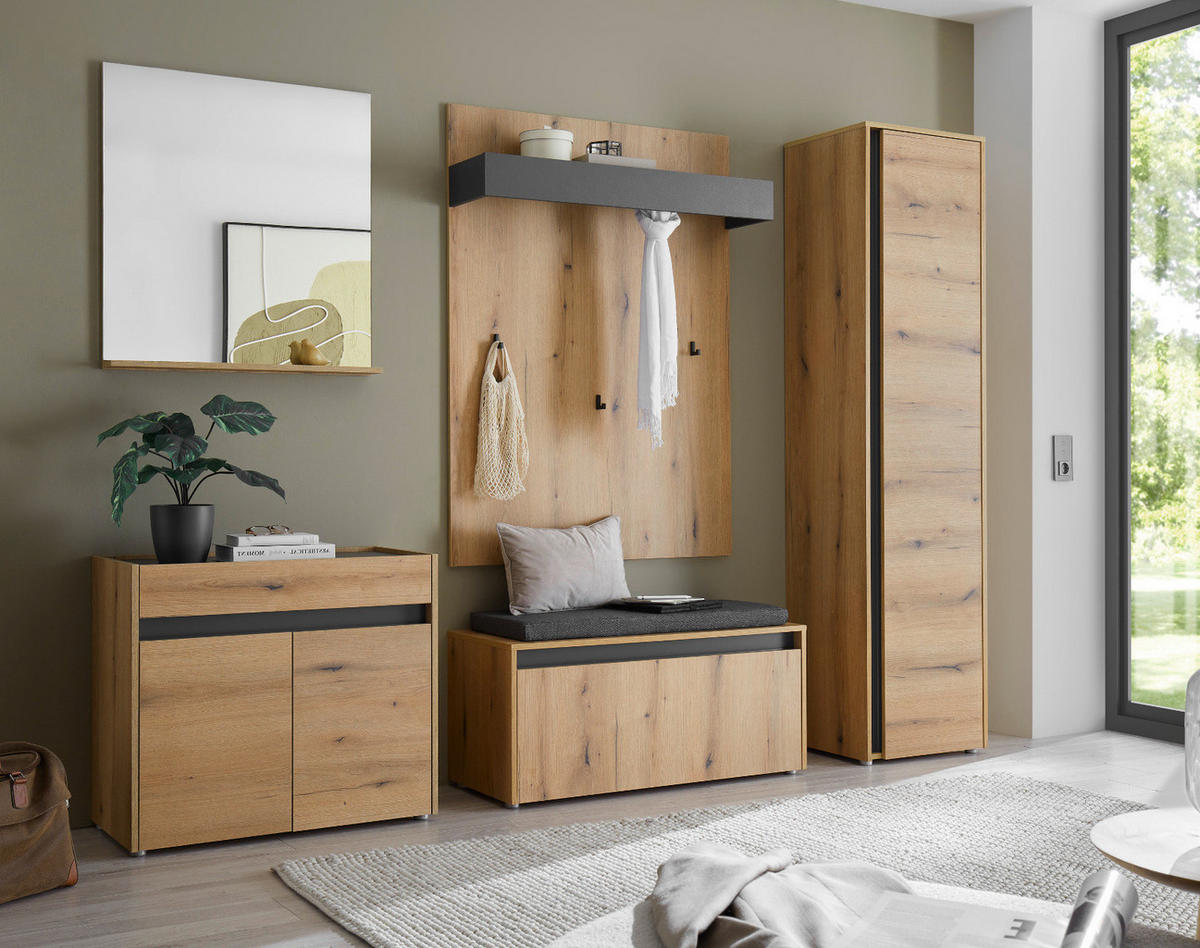 GARDEROBEN-SET Evoke Eiche, grau 6-teilig 260 cm, Garderobenkombination viel Stauraum - Eichefarben/Schwarz, Glas/Holzwerkstoff (260/200/40cm) - Furn.Design