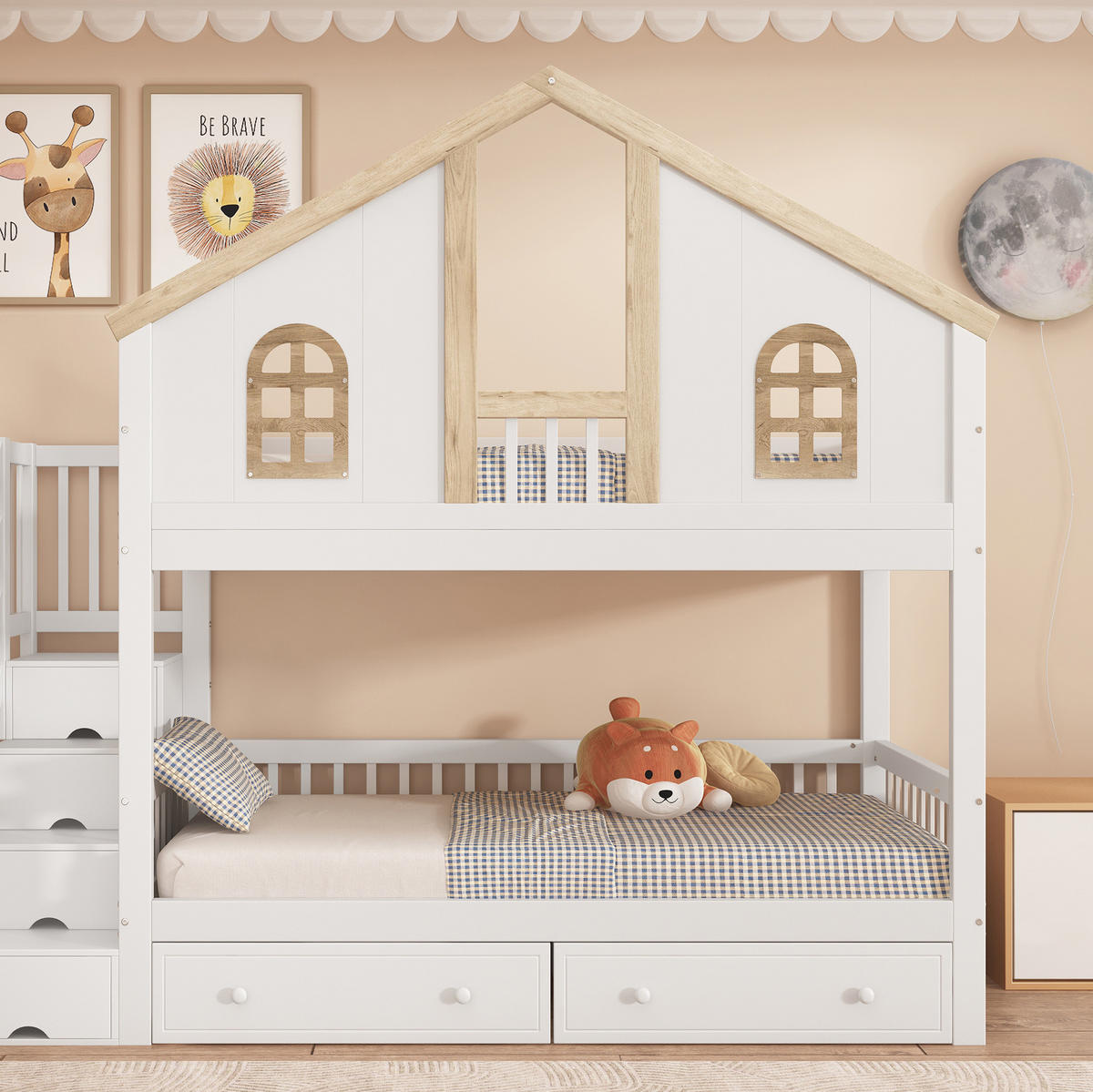 ETAGENBETT aus Kiefer und MDF 90x200 cm Weiß/Natur mit Stauraumtreppe, 2 Schubladen und Fenstern - Weiß, Holzwerkstoff (90/200cm) - Modfu