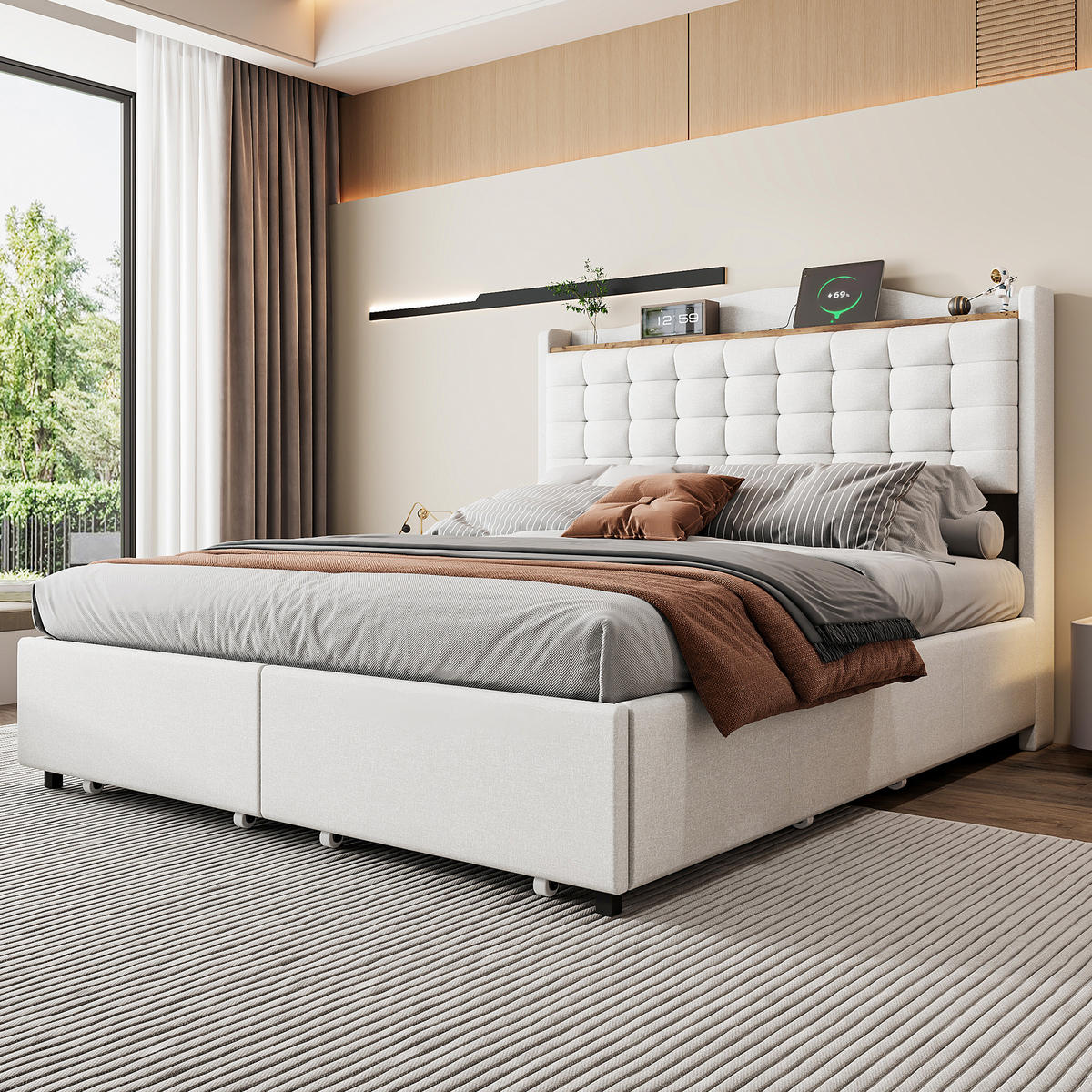 BETT beige 200/146/110 cm - Beige, Textil/Metall (140/200cm) - Urban Meuble