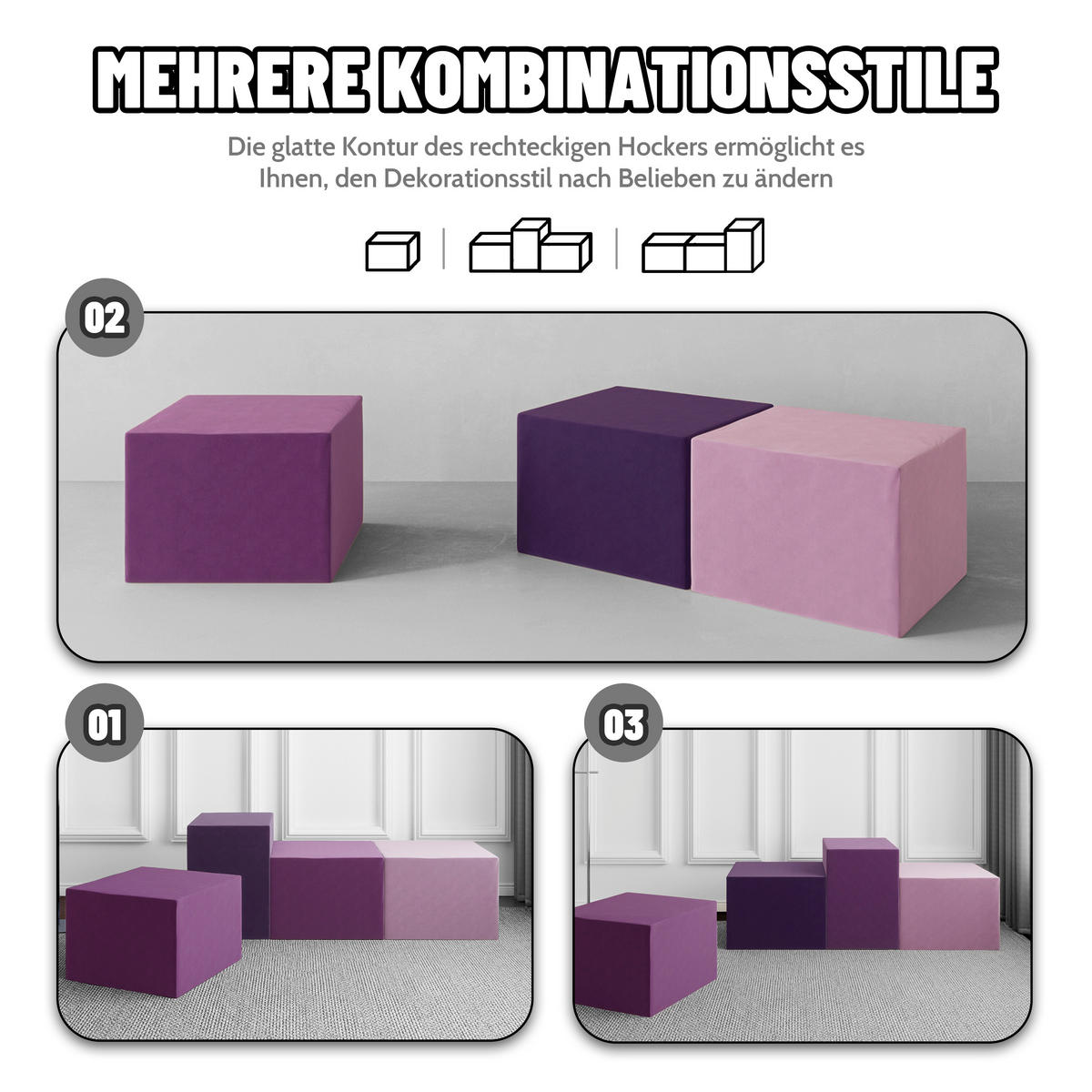 HOCKER Cord Rechteck Lila 3er-set - Lila, Textil (55/40/55cm) - Vercart