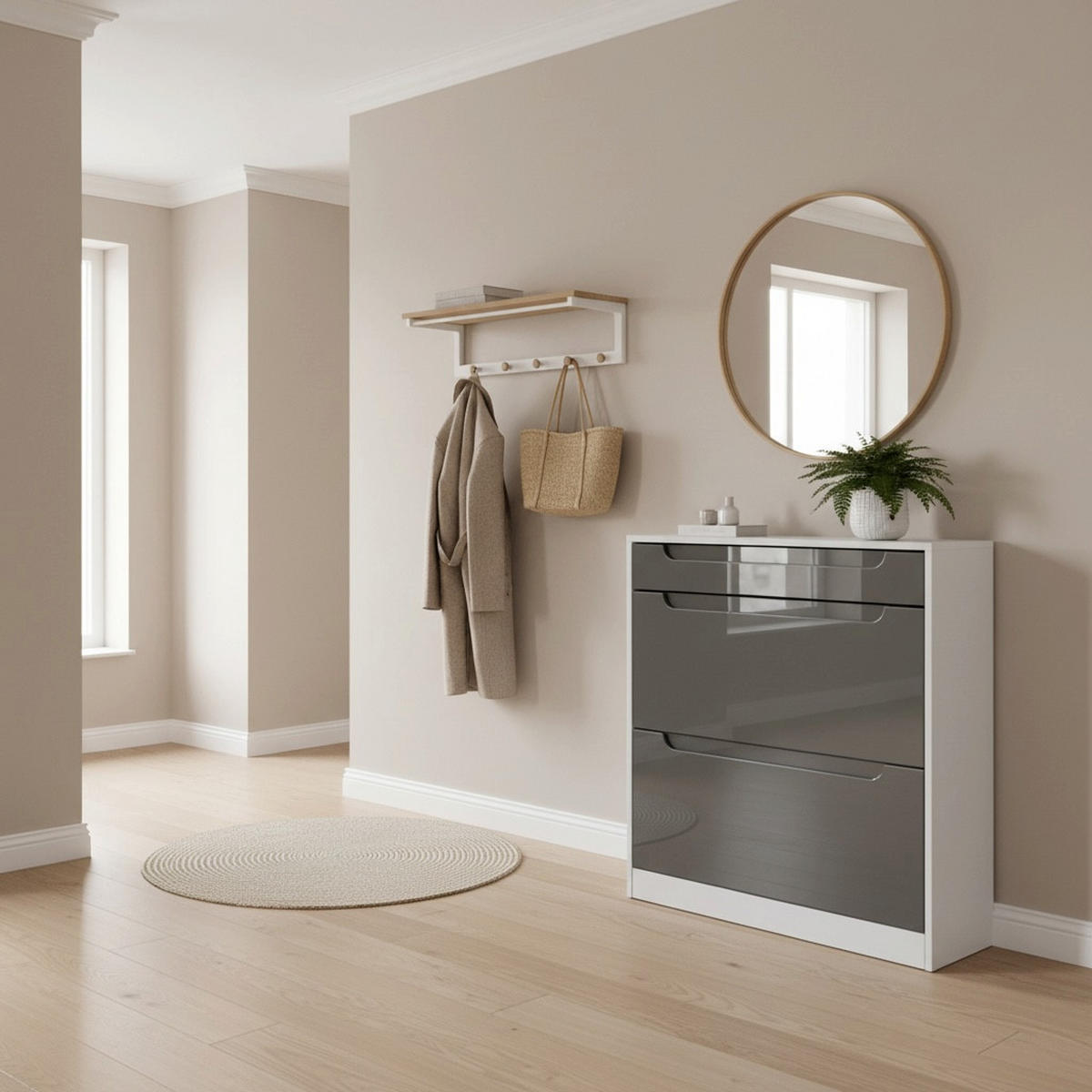 SCHUHSCHRANK Venezia Schmal mit 2 Klappen und 1 Schublade, Platzsparender Schuhkipper, Grau Hochglanz (89 x 95,5 x 23 cm) - Grau, Holzwerkstoff (89/95.5/23cm) - InnoFurn