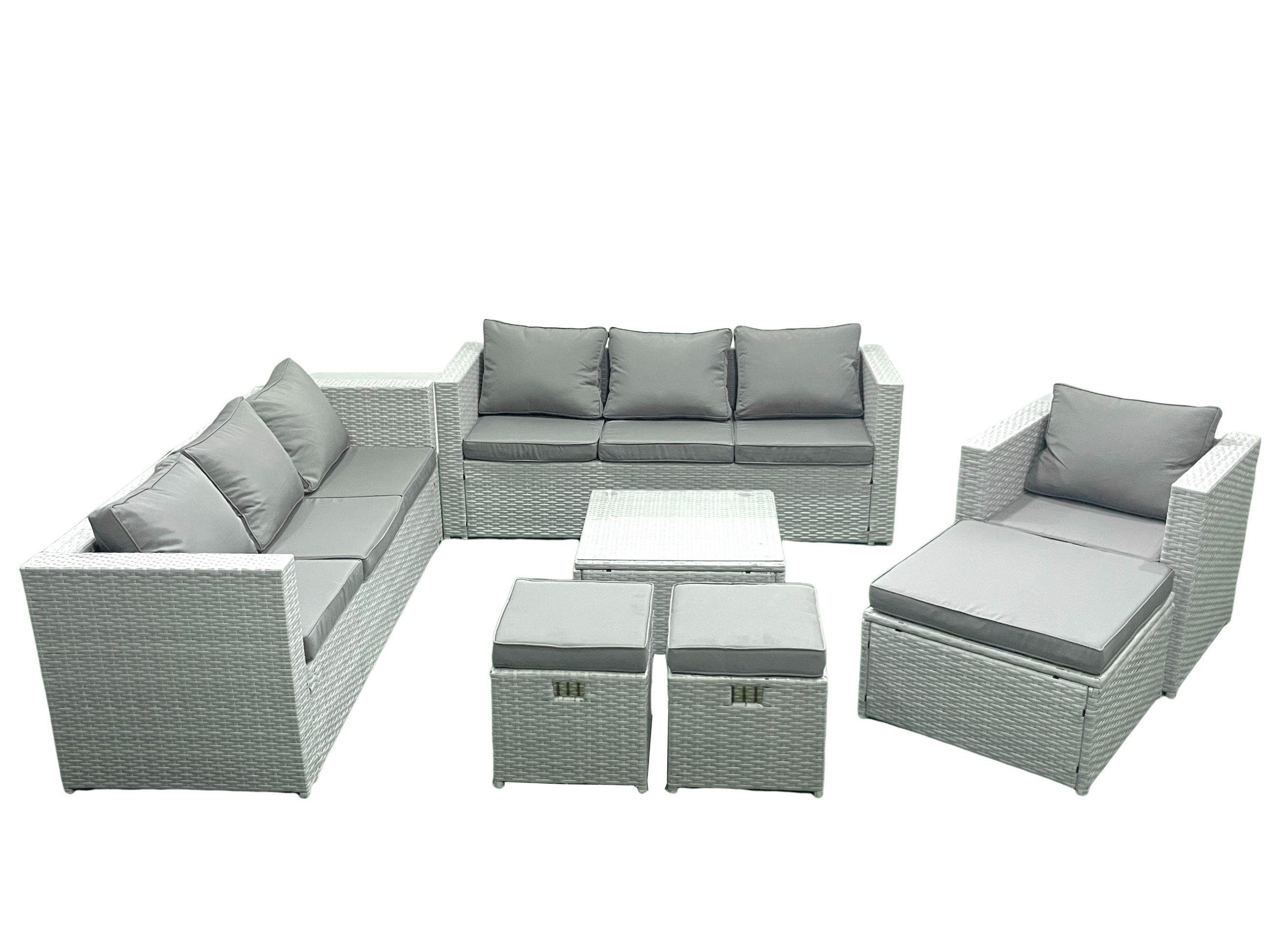 GARTENMÖBEL-SET mit Kissen Polyrattan Hellgrau-Mix 10-Sitzer - Hellgrau/Grau, Glas/Kunststoff - Fimous