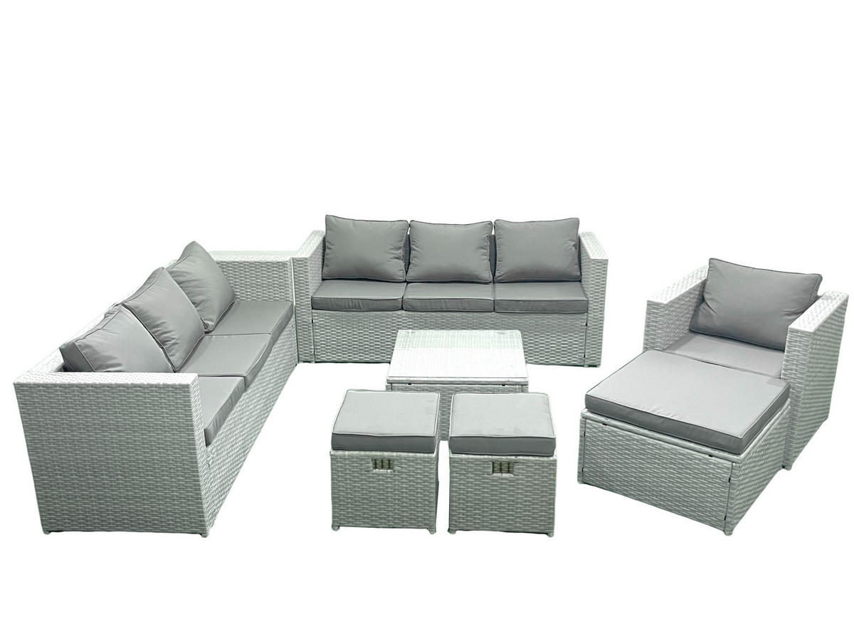 GARTENMÖBEL-SET mit Kissen Polyrattan Hellgrau-Mix 10-Sitzer - Hellgrau/Grau, Glas/Kunststoff - Fimous