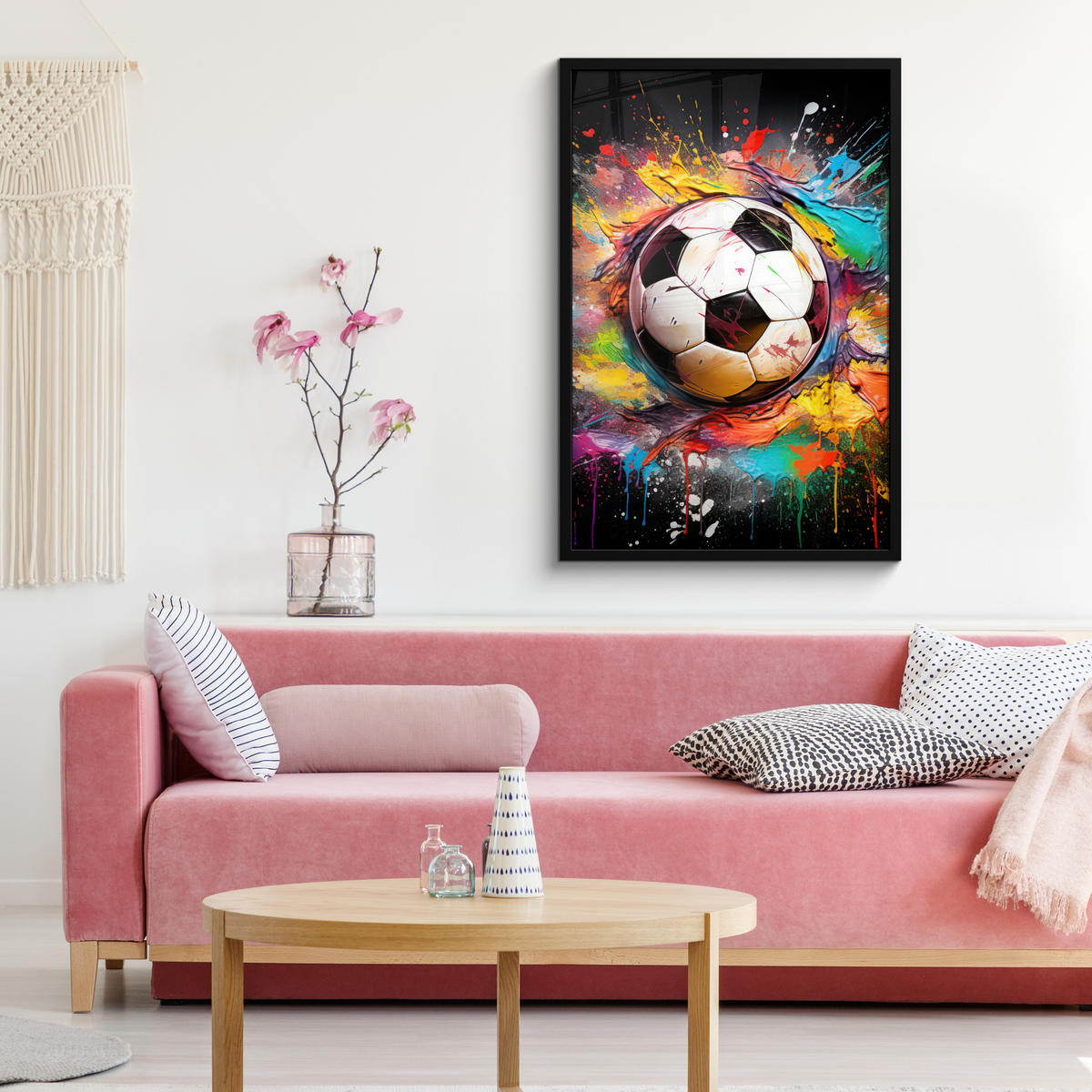 POSTER MIT RAHMEN Fußball - Farbe - Farben - Schwarz - Weiß 60x90 cm - Weiß, Papier (60/90cm) - MuchoWow