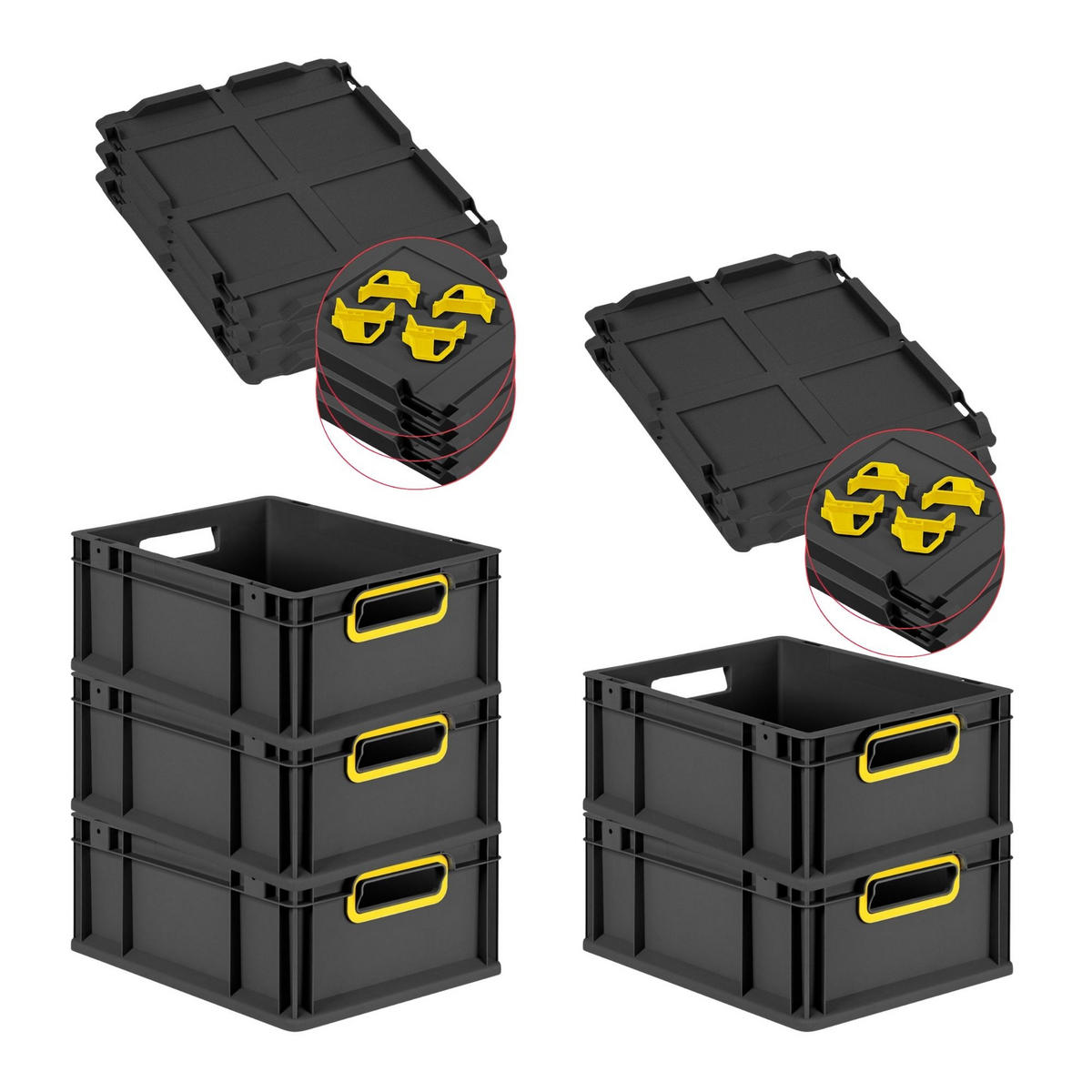 EUROBOX 5x NextGen Color mit Auflagedeckel 17x30x40 cm 16 Liter Schwarz Griffe gelb offen - Gelb/Schwarz, Kunststoff (30/17/40cm) - PROREGAL