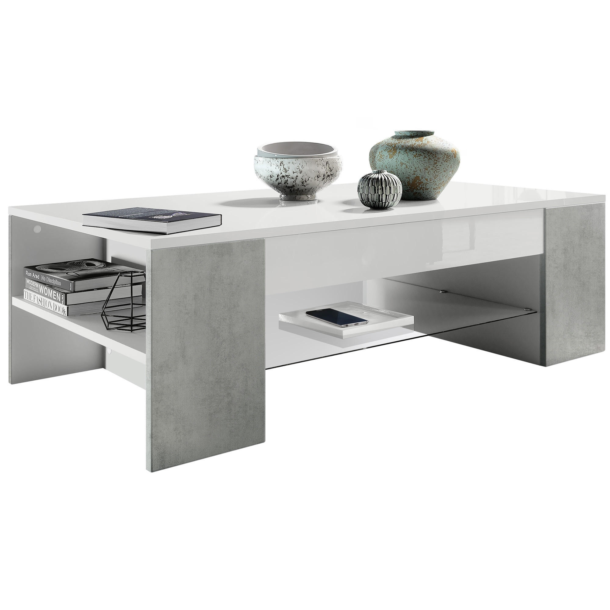 COUCHTISCH Clip Blenden in Beton Oxid Optik - Hellgrau, Holzwerkstoff (60/118/37cm) - Vladon