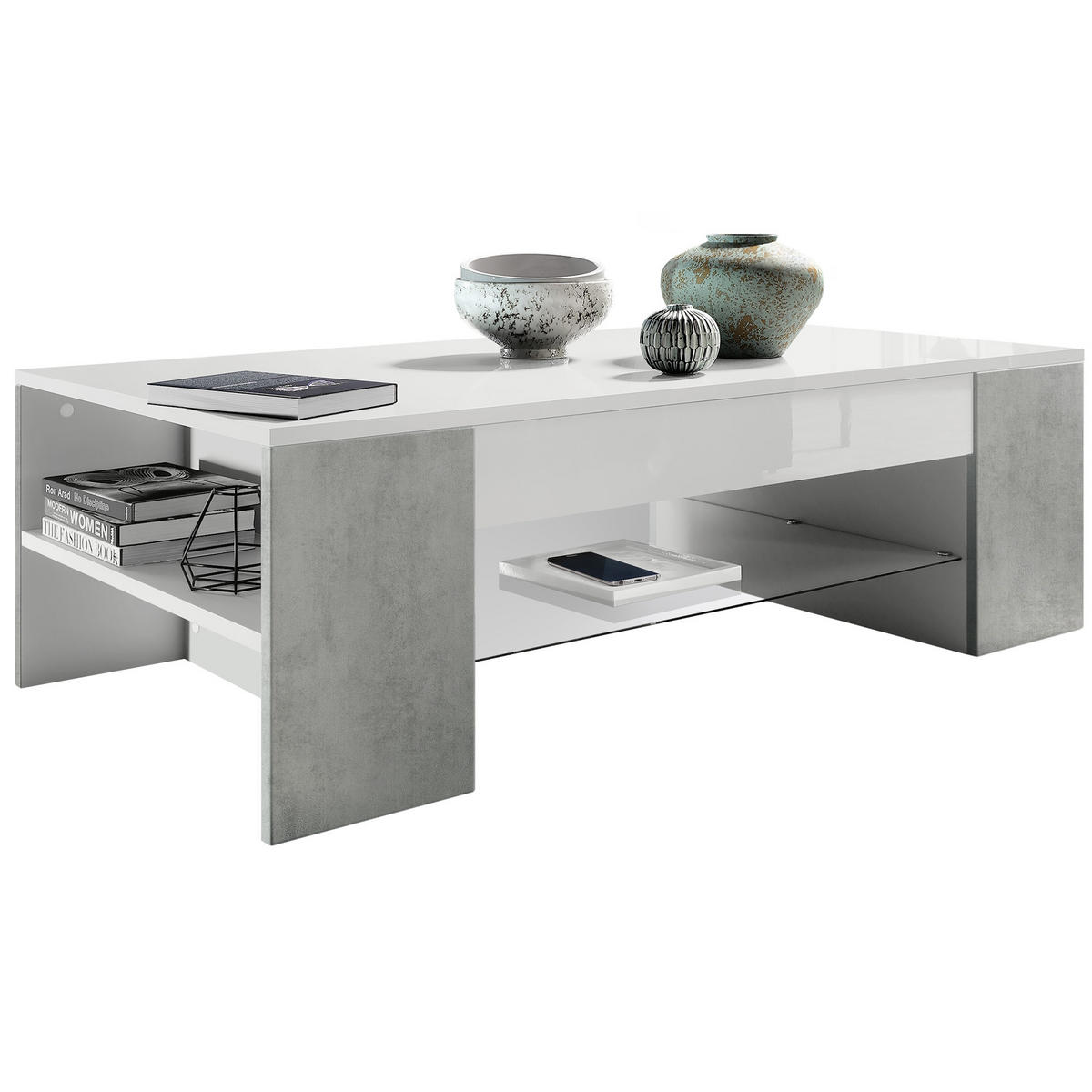 COUCHTISCH Clip Blenden in Beton Oxid Optik - Hellgrau, Holzwerkstoff (60/118/37cm) - Vladon