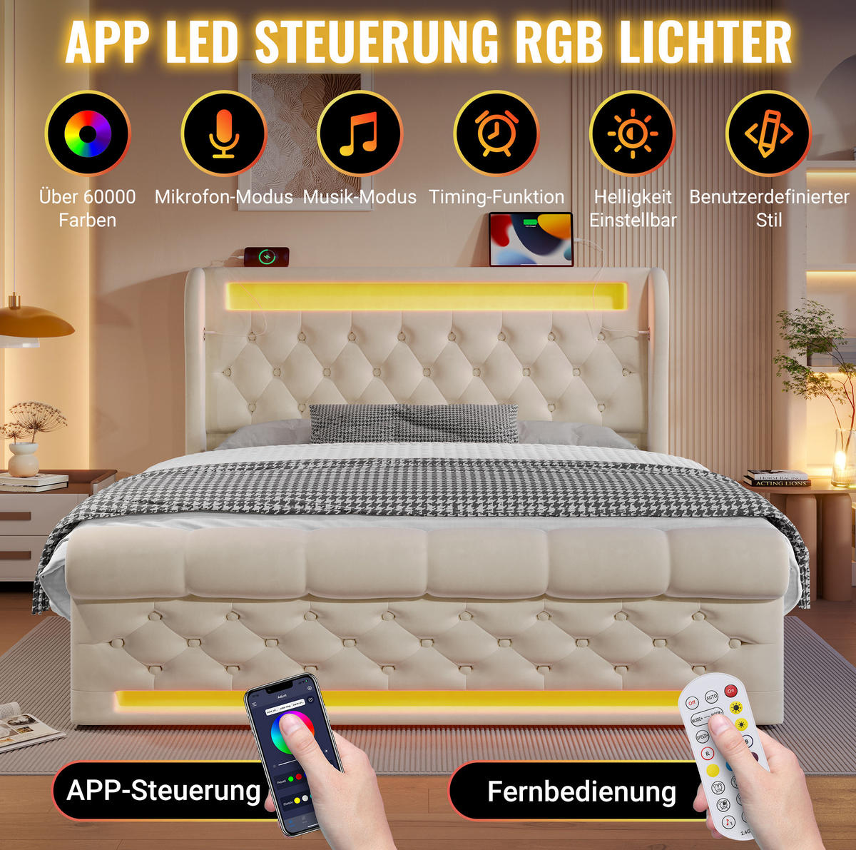 POLSTERBETT aus Samt 140x200 cm Beige mit LED-Beleuchtung, USB-C-Ladestation und Bettkasten - Beige, Textil (140/200cm) - IVMEU