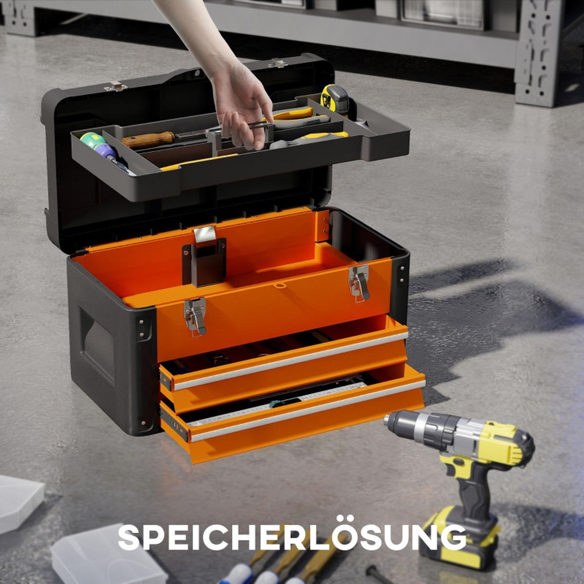 WERKZEUGKOFFER mit 2 Schubladen, Mini-Boxen und Top-Fach, 49,7x25,3x28,9 cm - Orange, Kunststoff (25.3/28.9/49.7cm) - Novahome