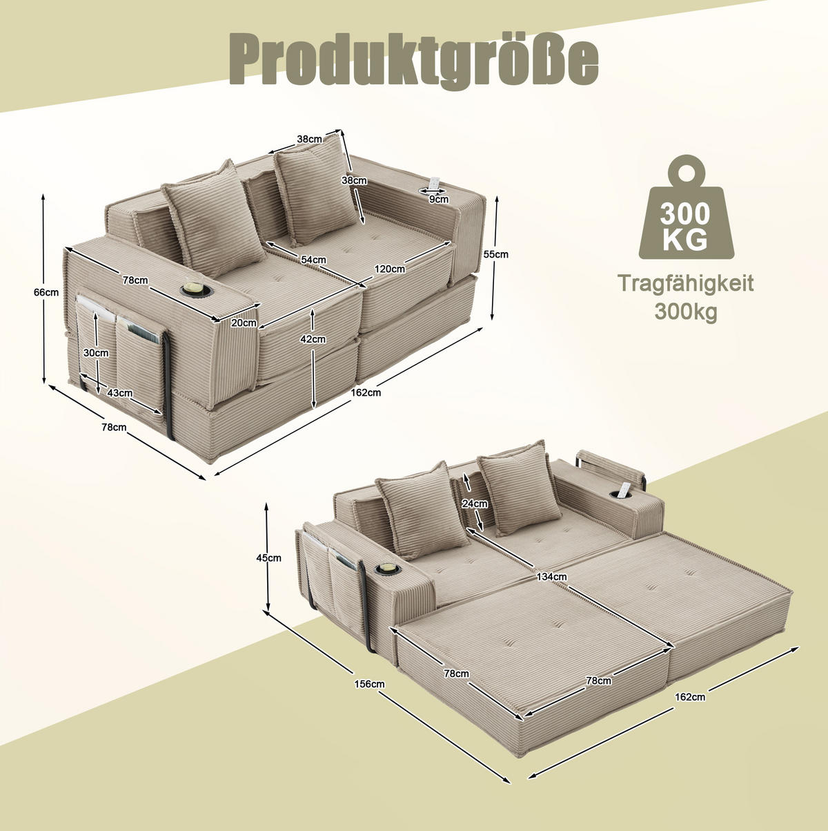 2-SITZER-SOFA 162/78/66 cm mit 2 Kissen, Seitentaschen und modularer Form, Cord Khaki - Beige, Textil (162/66/78cm) - Redom